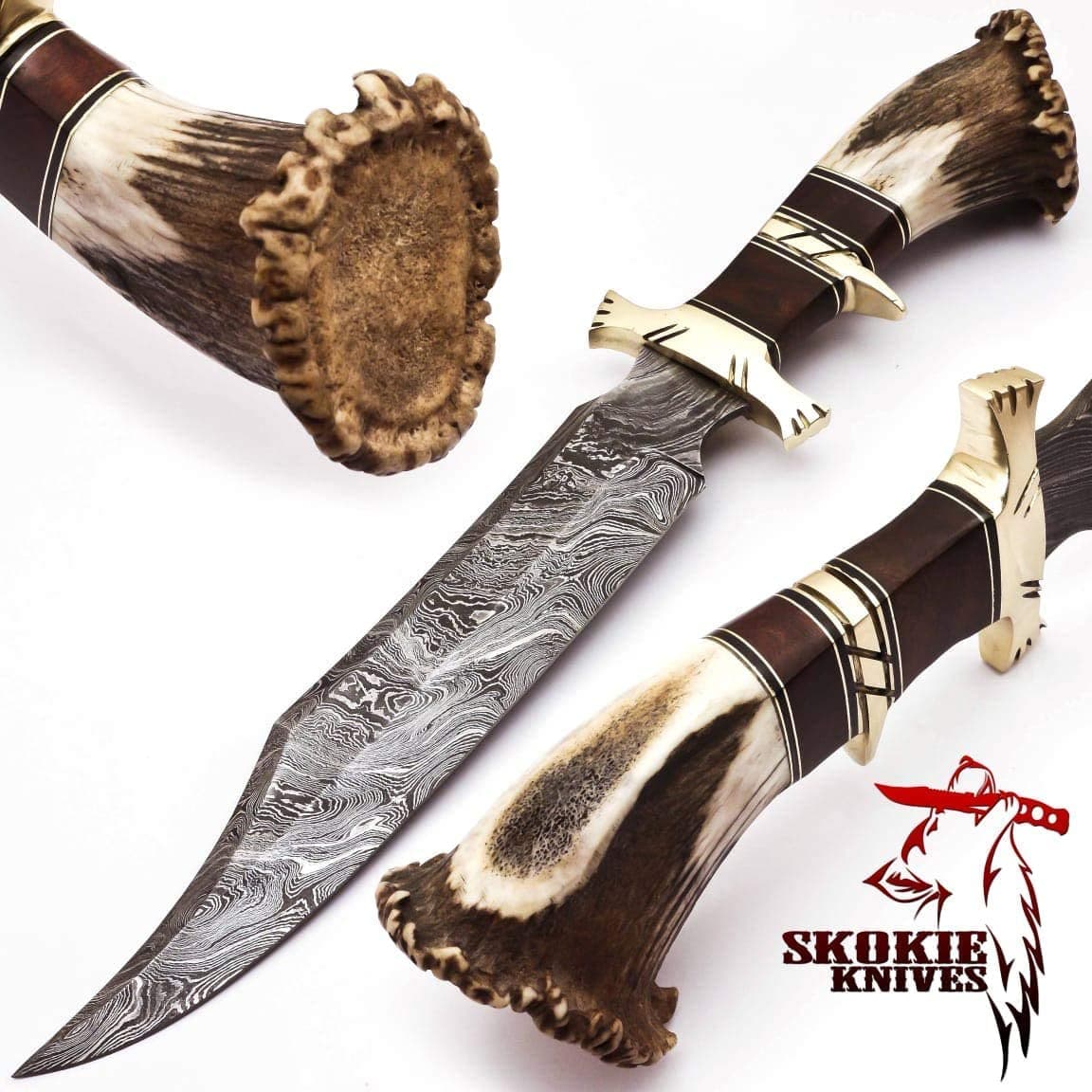 Skokie Knives Damascus Steel hunting Knife Stag Antler Handle with Burl Wood & Brass Guard –15” Handmade Premium Quality Sharp Edge Fix Blade - Genuine Multipurpose Knife – Ideal for Hunting, Camping With Leather Sheet