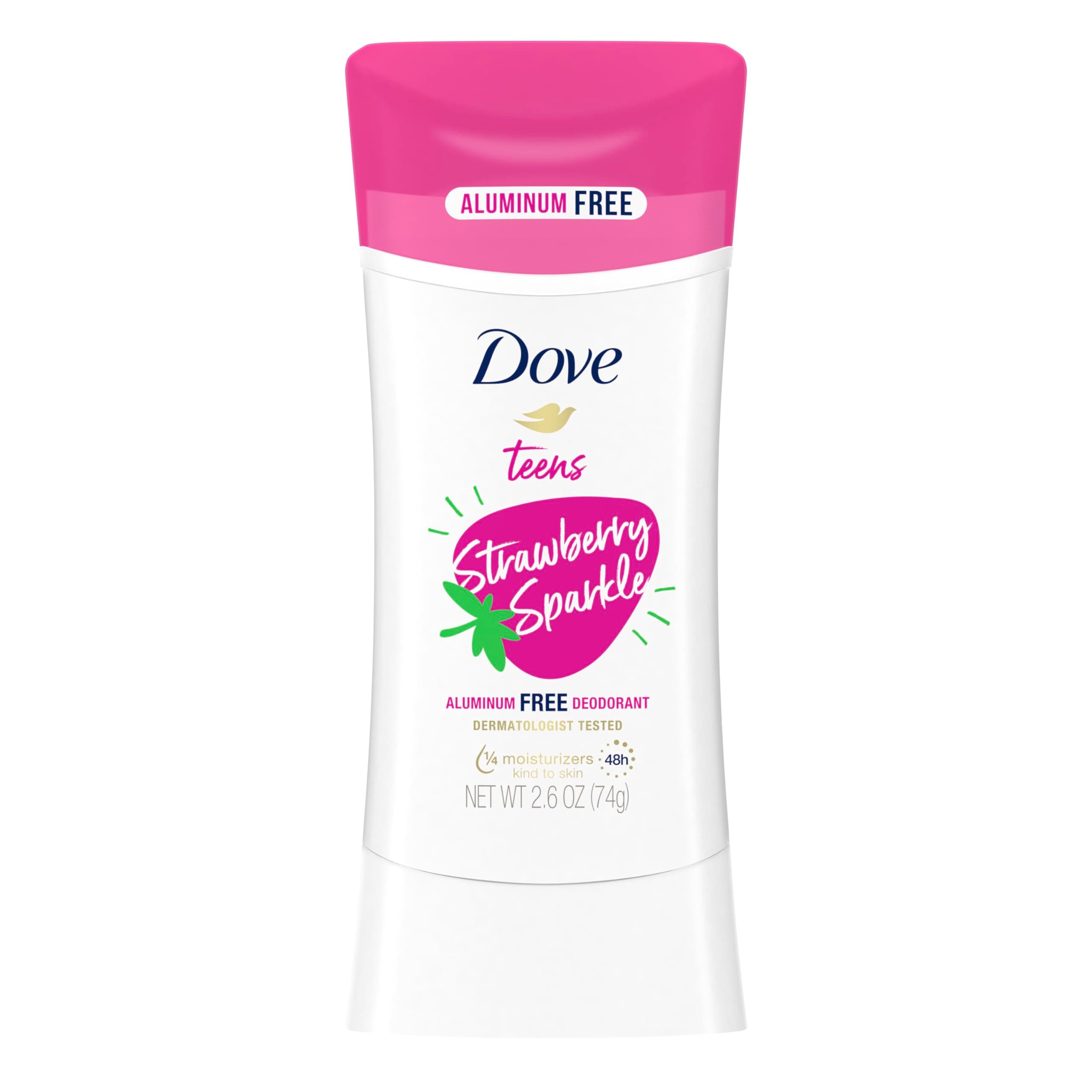 Teens Deodorant Stick Strawberry Sparkle, for gentle underarm care, 48-hour odor protection and aluminum free deodorant, 2.6 oz