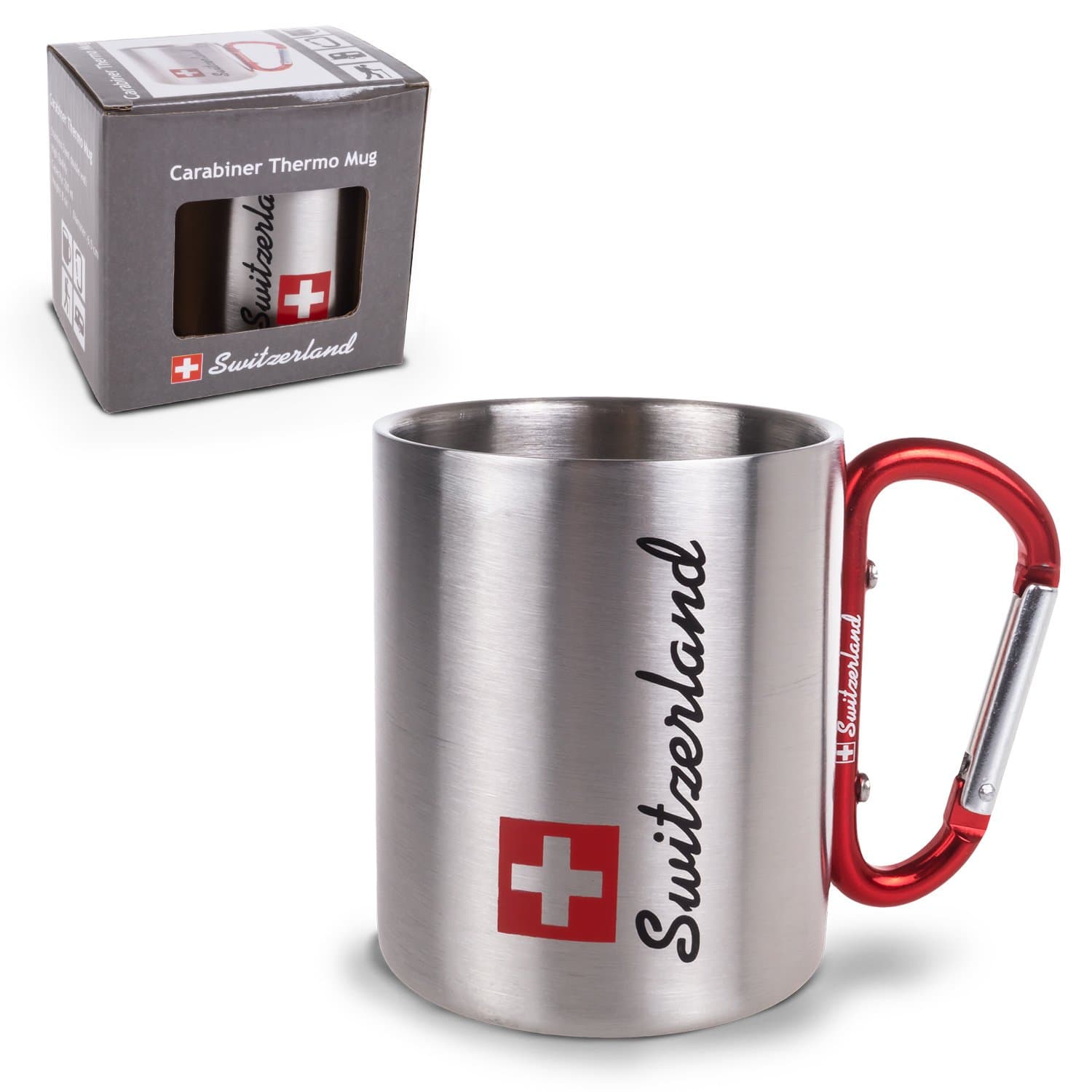 Switzerland Travel Mug, Double Wall Stainless Steel Mug with Karabiner, 180 ml