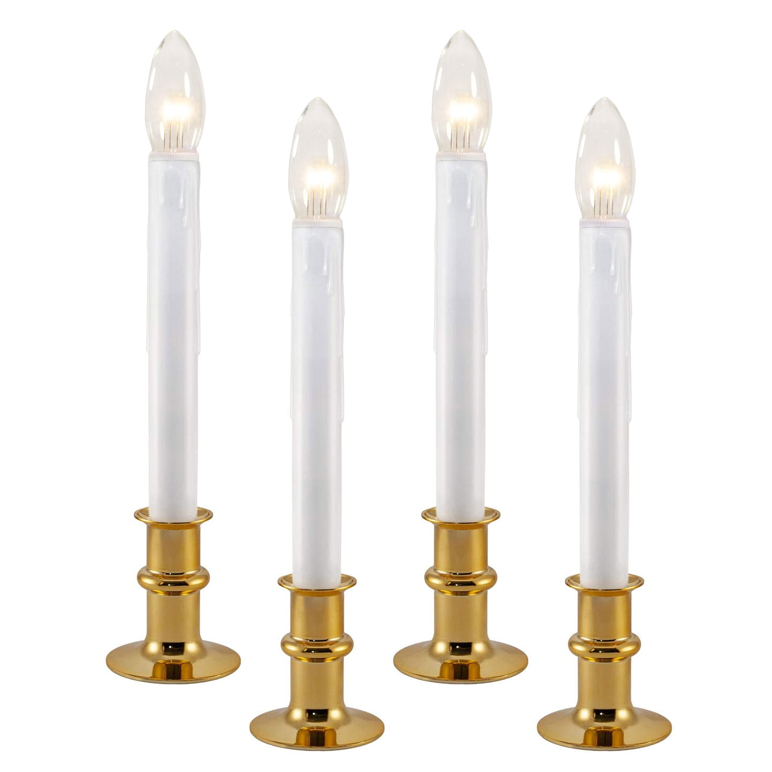 Ultra-Bright LED Window Candles with Timer, Battery Operated, Metal Base, White Candlestick, Adjustable Height (Pack of 4, Polished Brass)