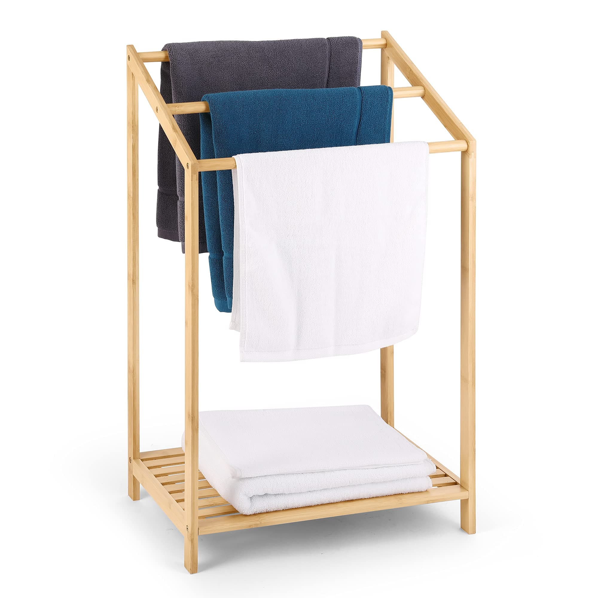 HYNAWIN Bamboo 3 Tier Towel Rack for Bathroom, Freestanding Beach Towel with Storage Shelf, Poolside Rack with Bottom Organizer for Bath, Hand Towel, Laundry