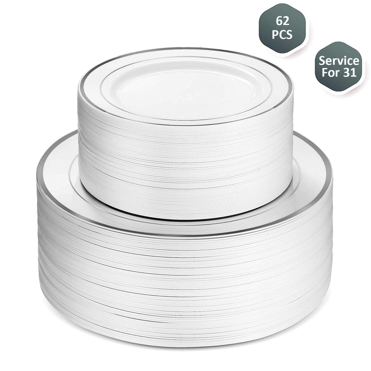 Disposable Plastic Party Plates - 62 Piece Dinnerware Set - 31 Salad Plates and 31 Dinner Plates for Wedding, Banquet, Bridal Shower - Durable White Round Decorative Plate with Elegant Silver Rim