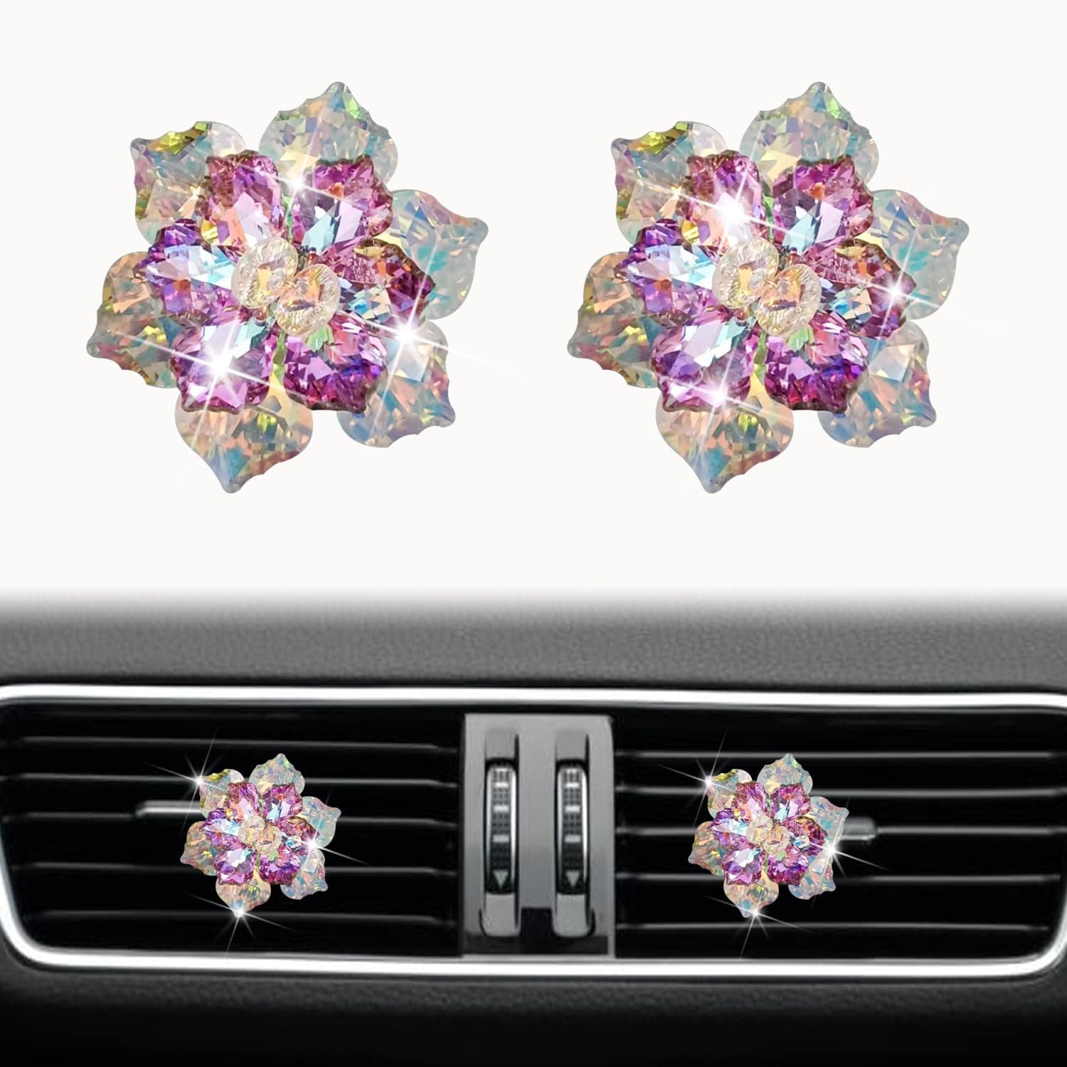 Jowxsx Bling Flower Air Vent Clips, 2 Pcs Crystal Daisy Car Air Fresheners Vents Clips Car Diffuser Diamond Car Interior Decor Cute Car Accessories Car Decoration for Women Pink Purple
