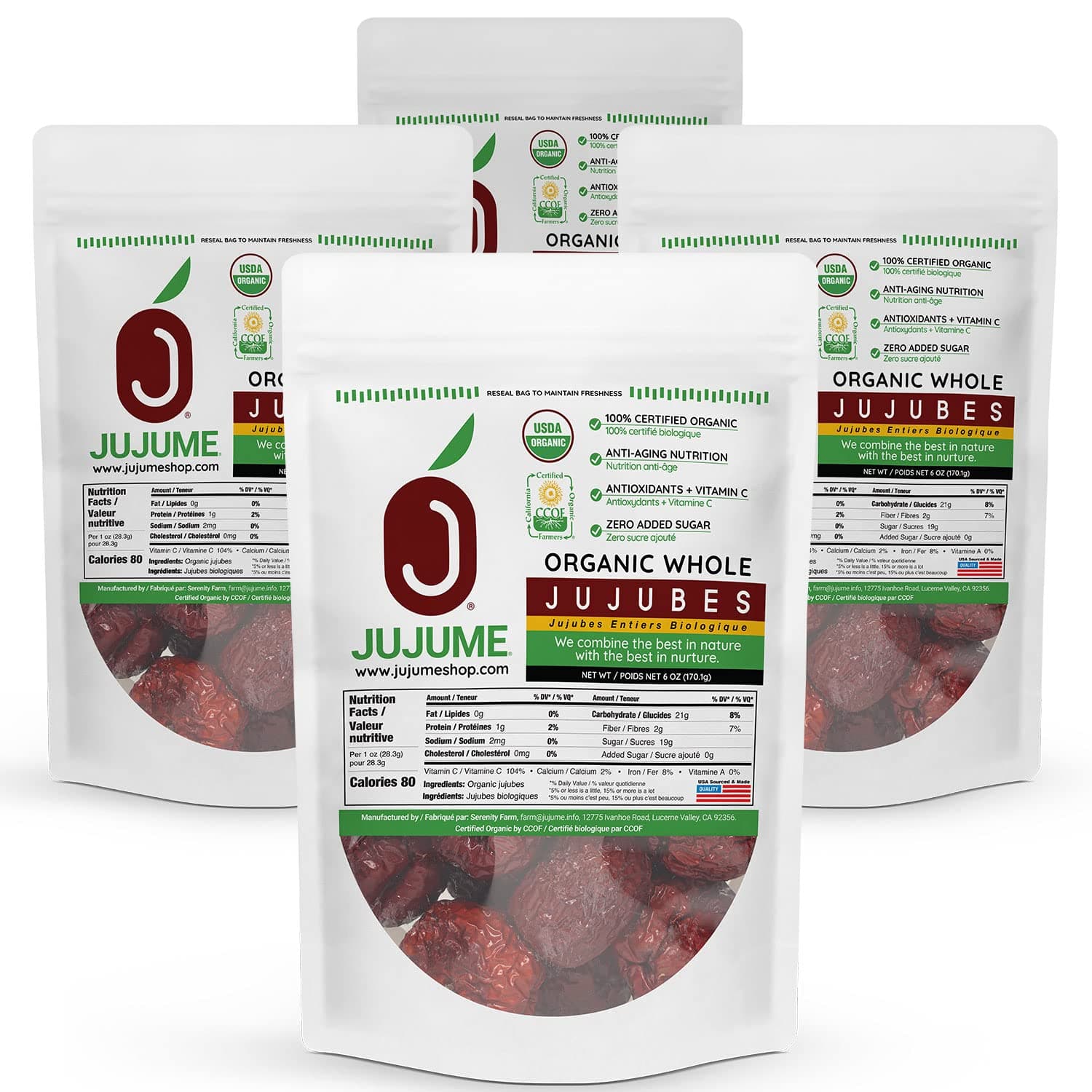 JUJUME Organic California Grown Jujube Superfood | Individually Sorted 3X for QA | USDA Certified High Grade Jujubes | Healthy Dried Fruit | All-Natural Non-GMO Red Dates | 4-Pack 6 oz Bags