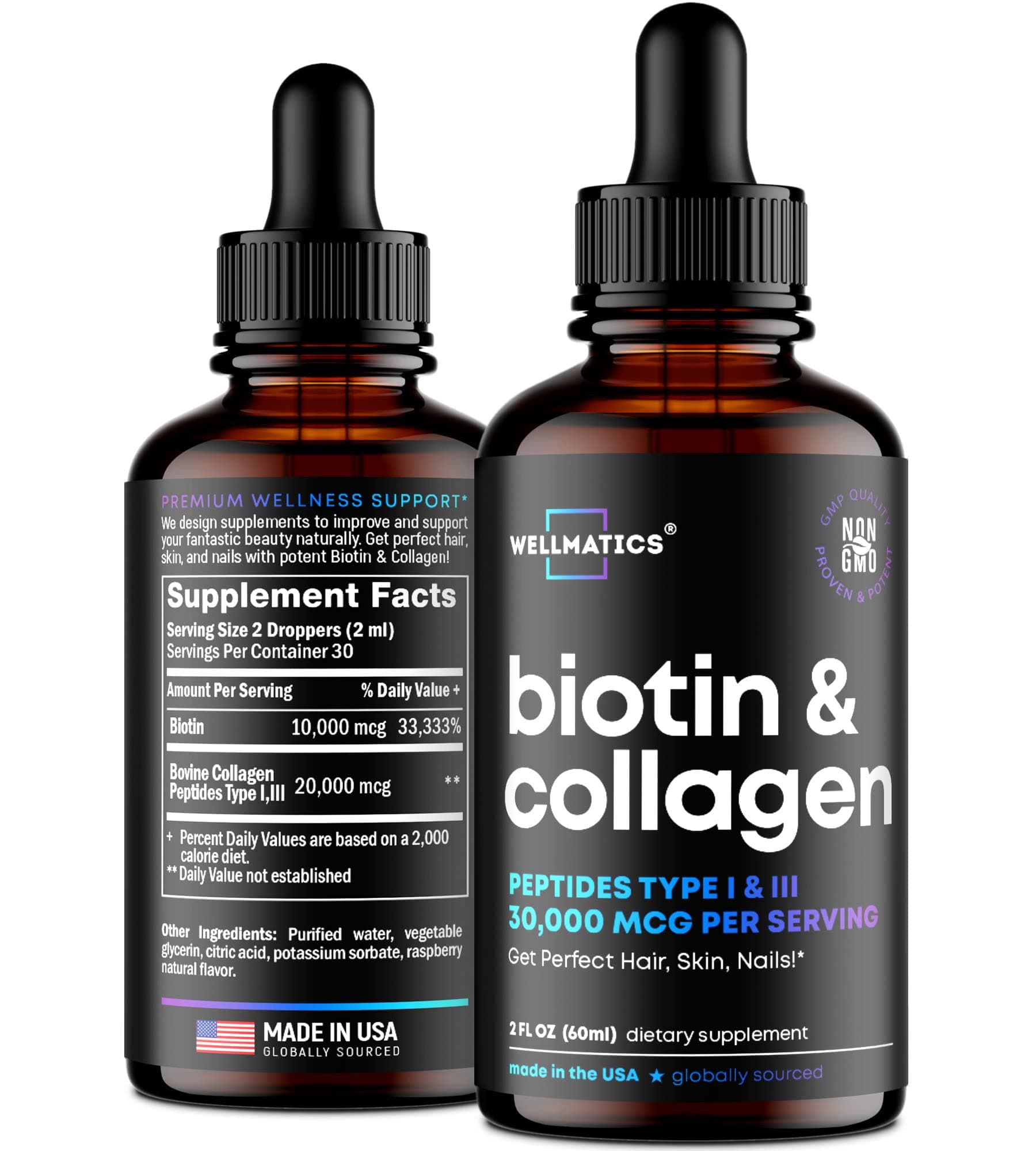 Liquid Collagen & Biotin Drops - 30000mcg Biotin, Collagen Boost for Women & Men - Collagen Peptides (Type I, III) & Biotin Oil for Hair, Skin & Nails - Natural Hair Growth Complex - 2 fl oz