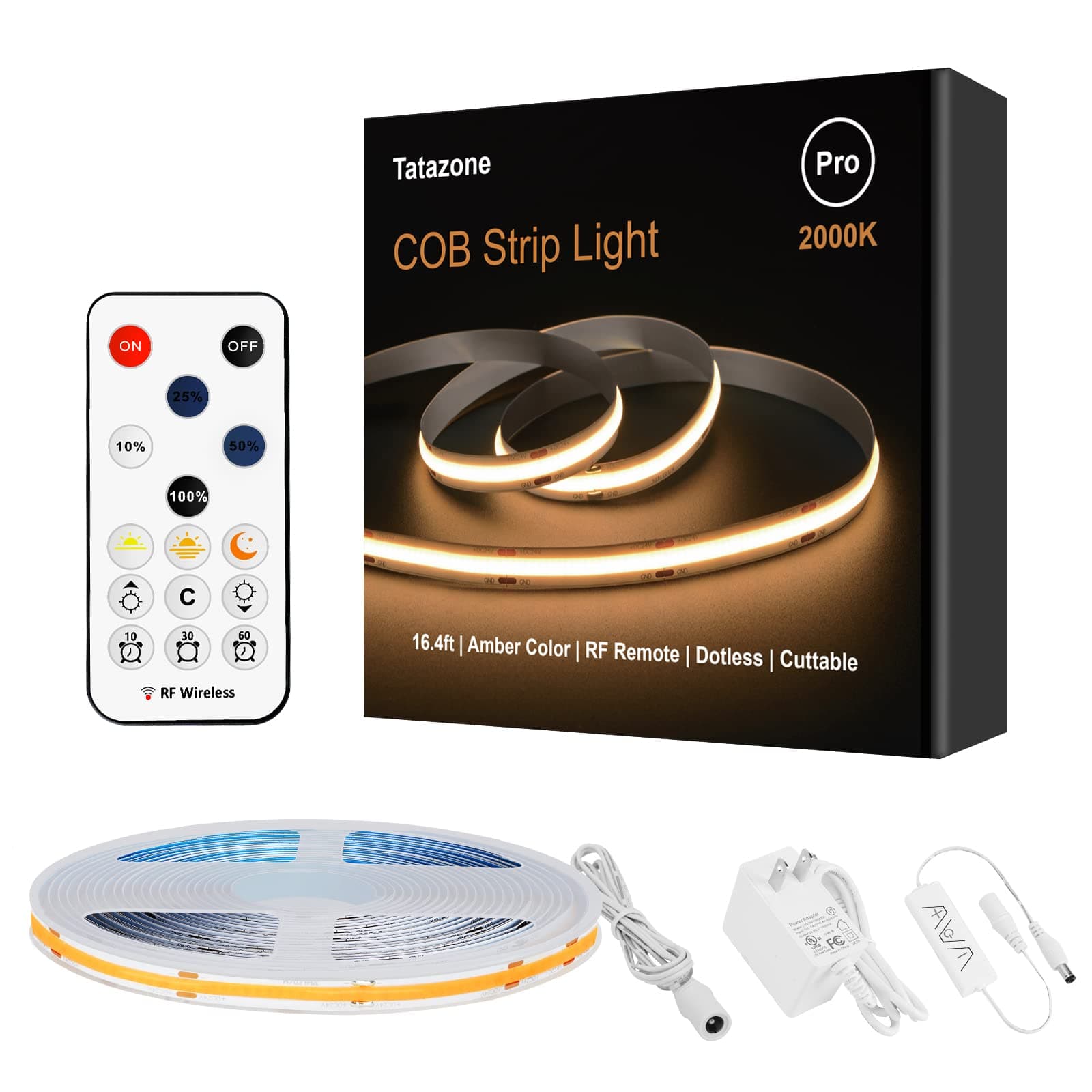 Tatazone2000K Yellow Color COB Led Strip Lights with RF Remote, 16.4ft Dimmable Bright Dotless Orange Led Light Strip, Adhesive Indoor Gold Yellow Led Lights for Window, Living Room