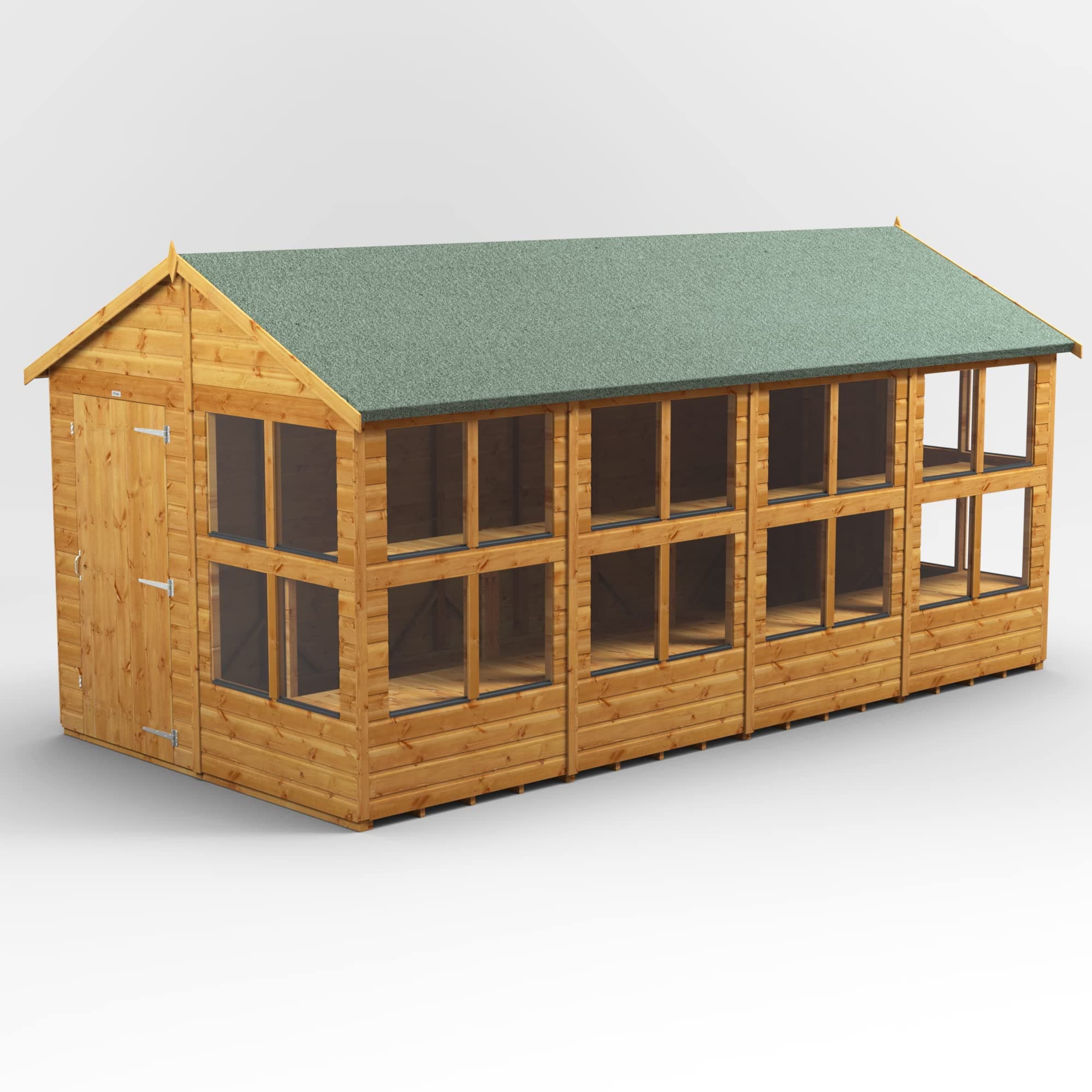 POWER High-Grade Premium Apex Potting Greenhouse Wooden Shed with Security Features, PVC Window sills, Door & Window Flexibility, made from 12mm Extra Thick Timber (16x8)