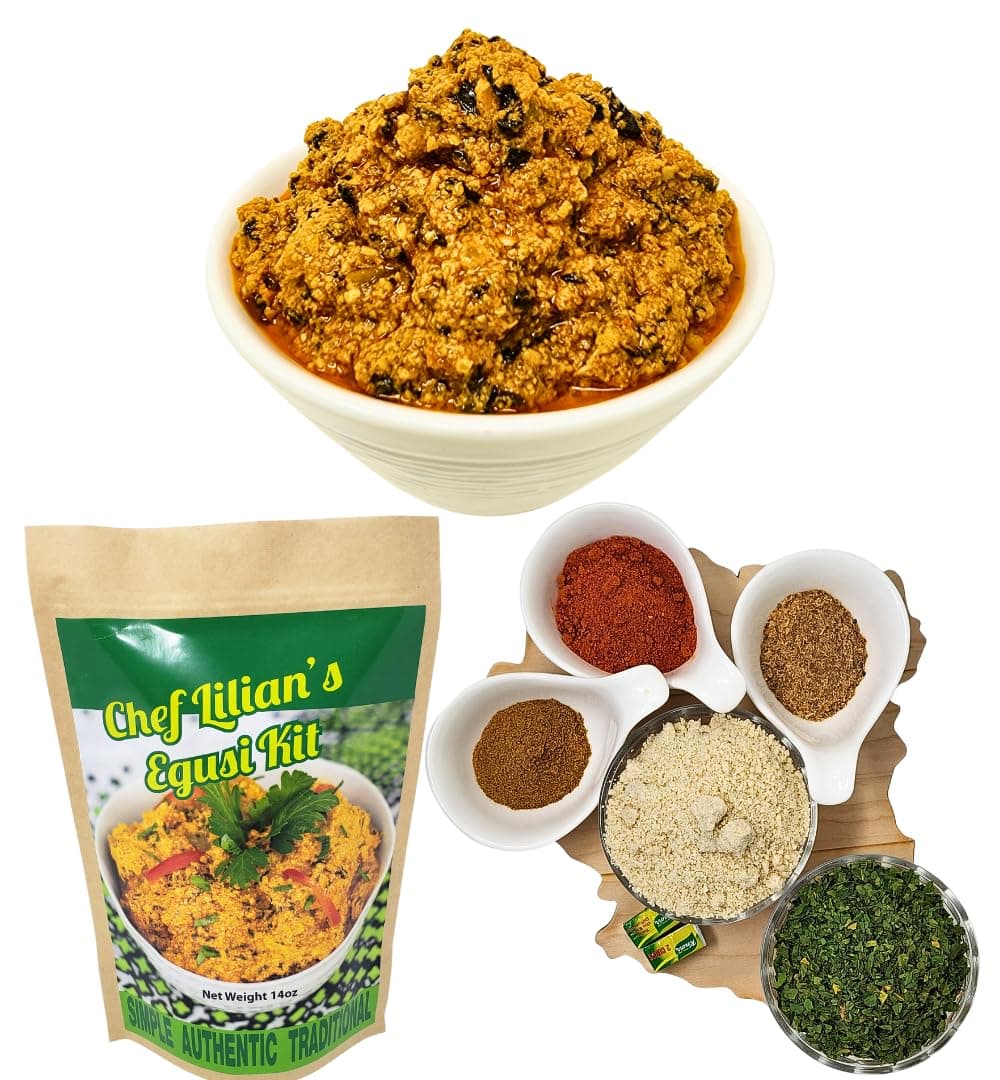 Chef Lilian's Egusi Kit- Nigerian West African Food Kit with Ground Melon Seeds (Egusi), Dehydrated Spinach, Seasoning, Hot Chili Powder, Soup Mix 4 Servings (Pack of 1)