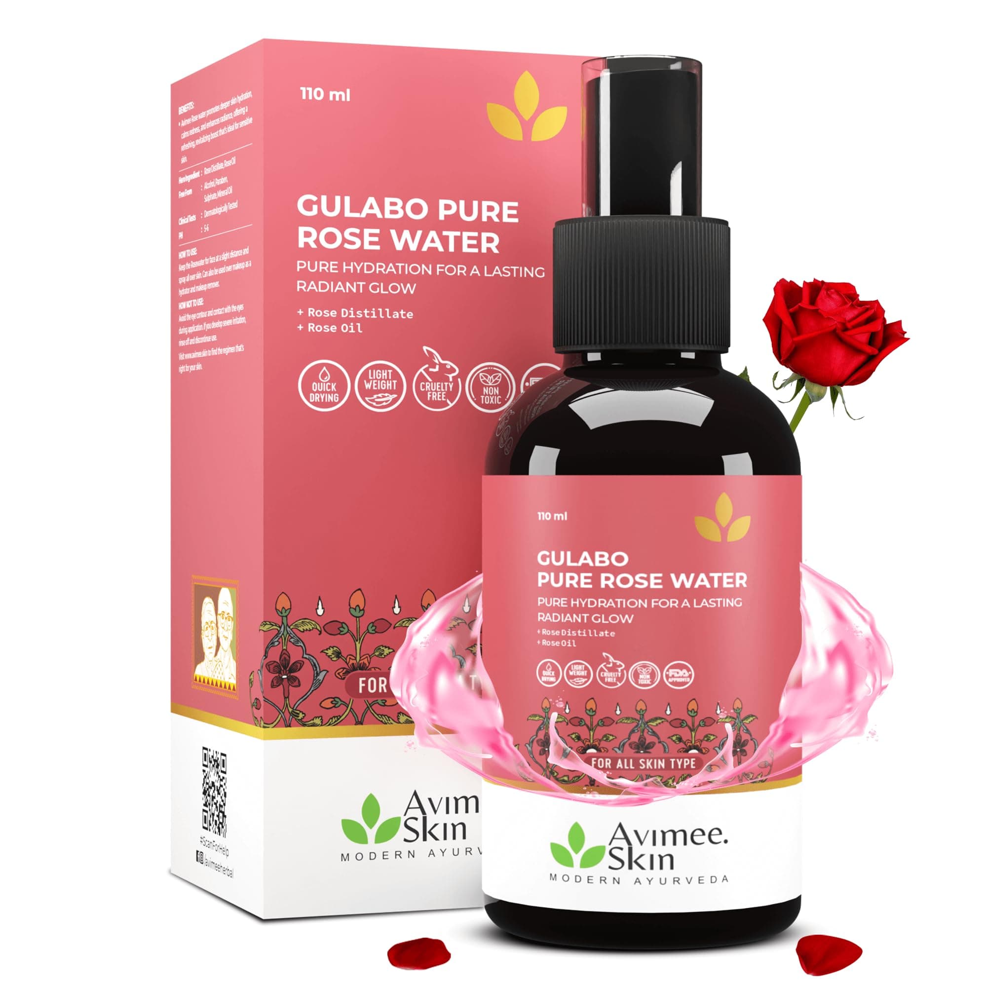 Avimee Herbal Gulabo Premium Rose Water | Skin, Face and Hair Toner | Radiant Glow | For All Skin Types | 110 ml