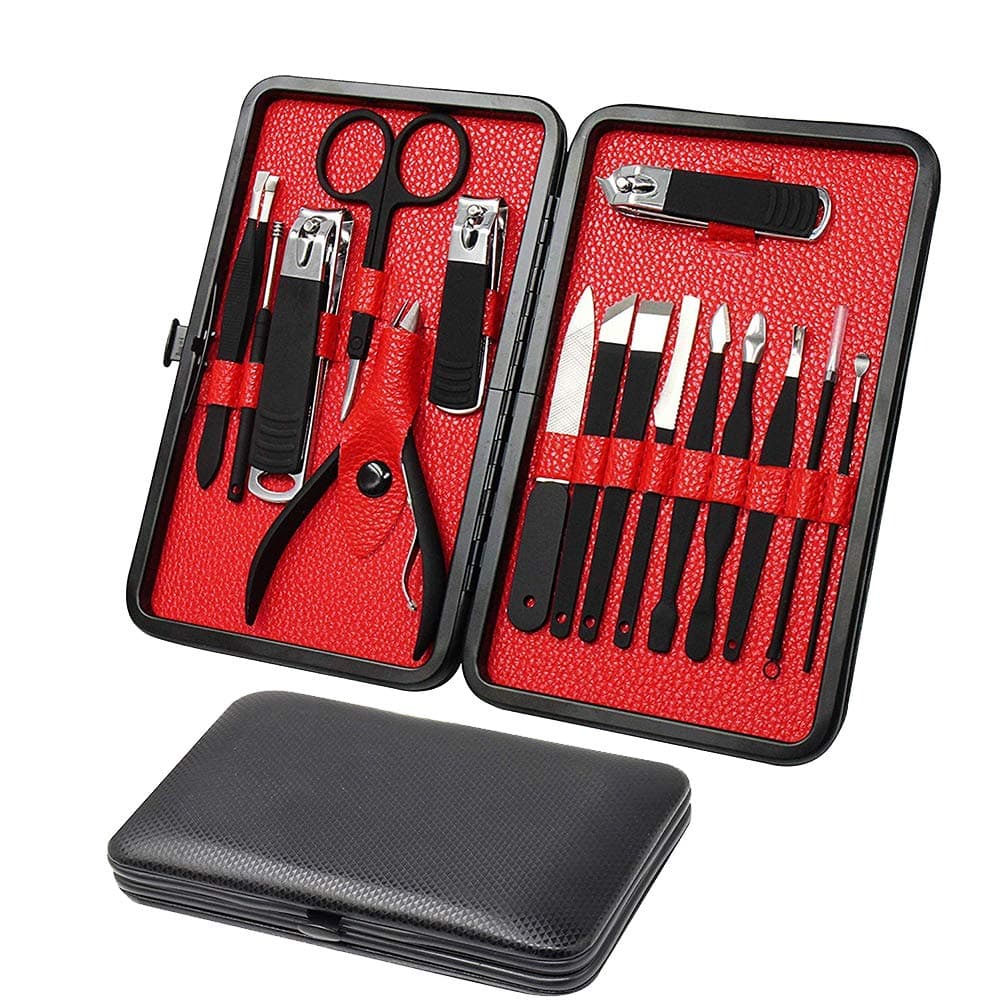 Mens Manicure Set - Aooeou 16 in 1 Nature Rubber Set Stainless Steel Professional Pedicure Kit Nail Scissors Mens Grooming Kit with Black Leather Travel Case [Updated Version]