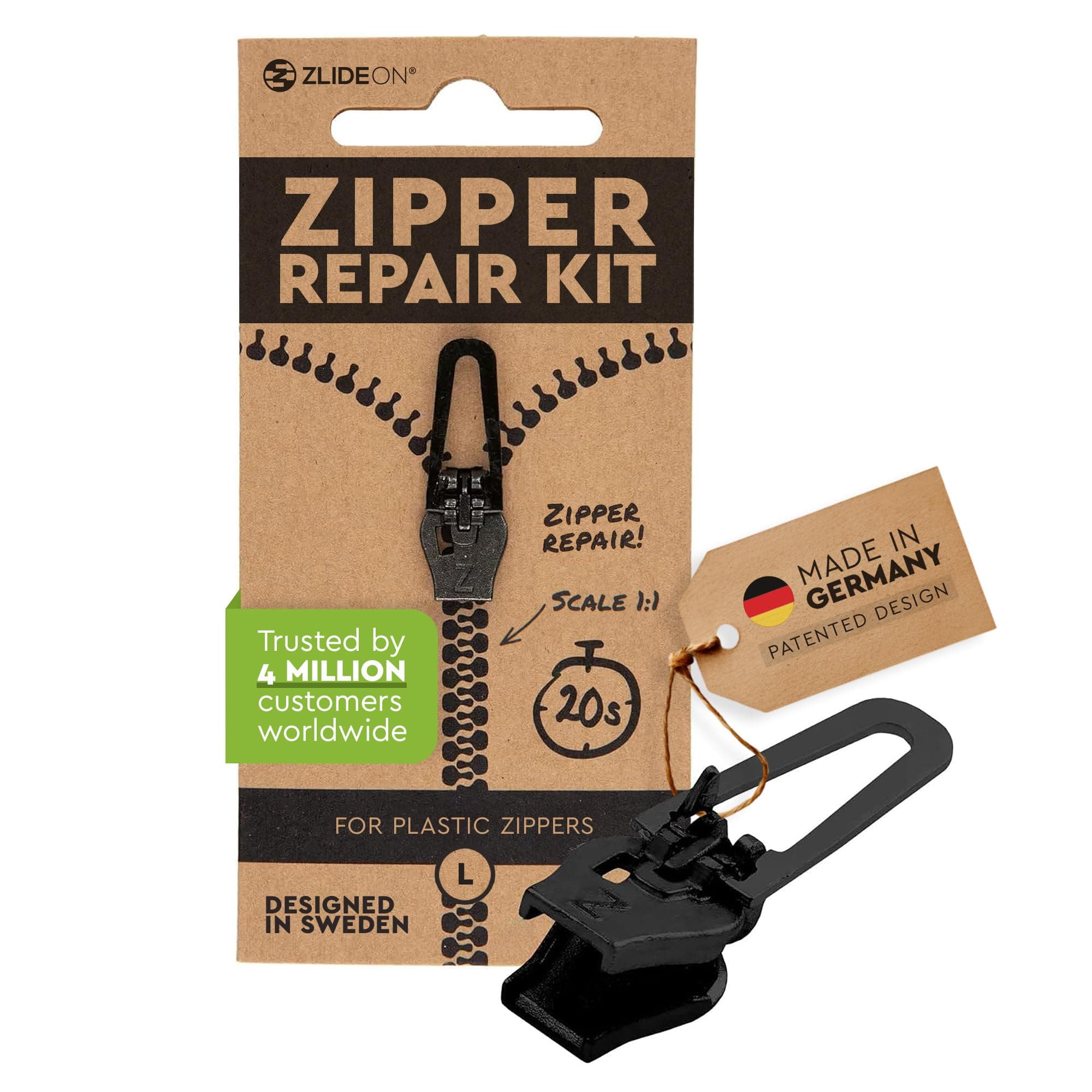 Zlideon Zipper Repair Kit for Plastic Zippers - 1pcs, Black (L/5) | Instant Zipper Pull Replacement Slider for Kids’ Clothing, Sportswear, Duvet Covers, Backpacks | Easy to Install | Made in Germany