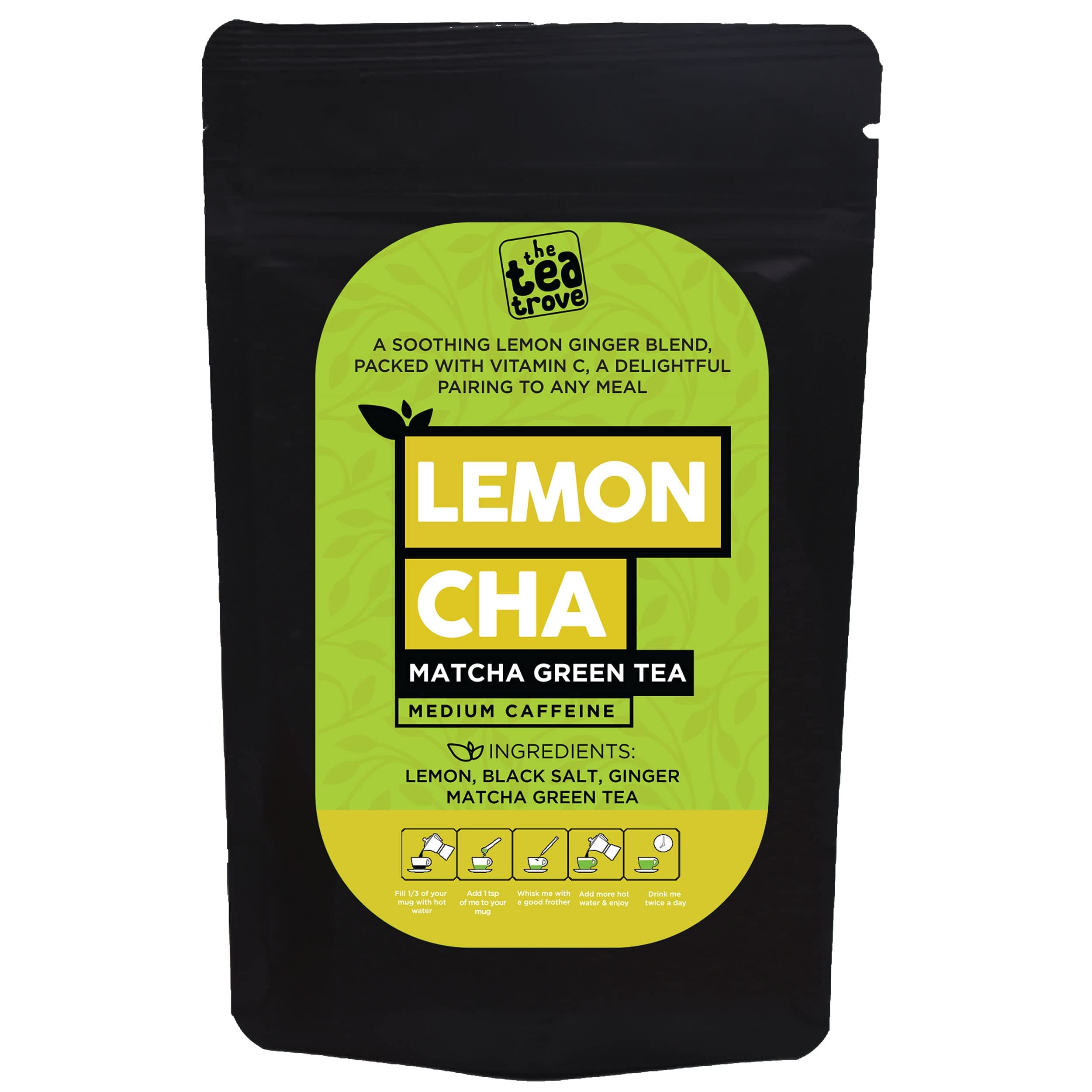 The Tea Trove Matcha Green Tea Powder for Weight Loss (100g) - Lemon, Ginger, Matcha tea with Black Rock Salt for Athletes & Sports Performance, Instant Desi Macha Tea, Lemon Green Tea Detox (40 Cups)