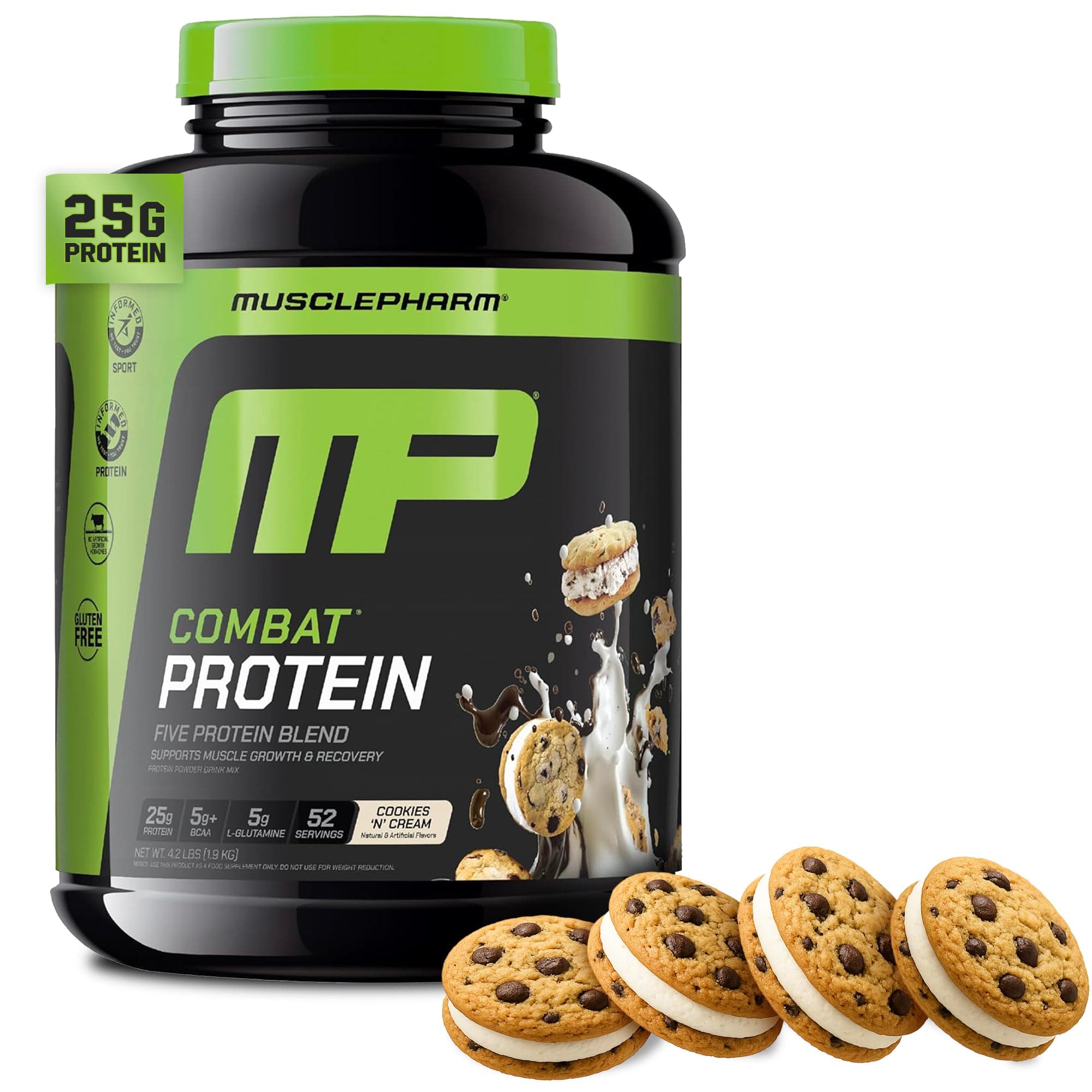 MusclePharm Combat Protein Powder, Cookies ‘N’ Cream Flavor, Fuels Muscles for Productive Workouts, 5 Protein Sources including Whey Protein Isolate & Egg Albumin, Gluten Free, 4 lb, 52 Servings