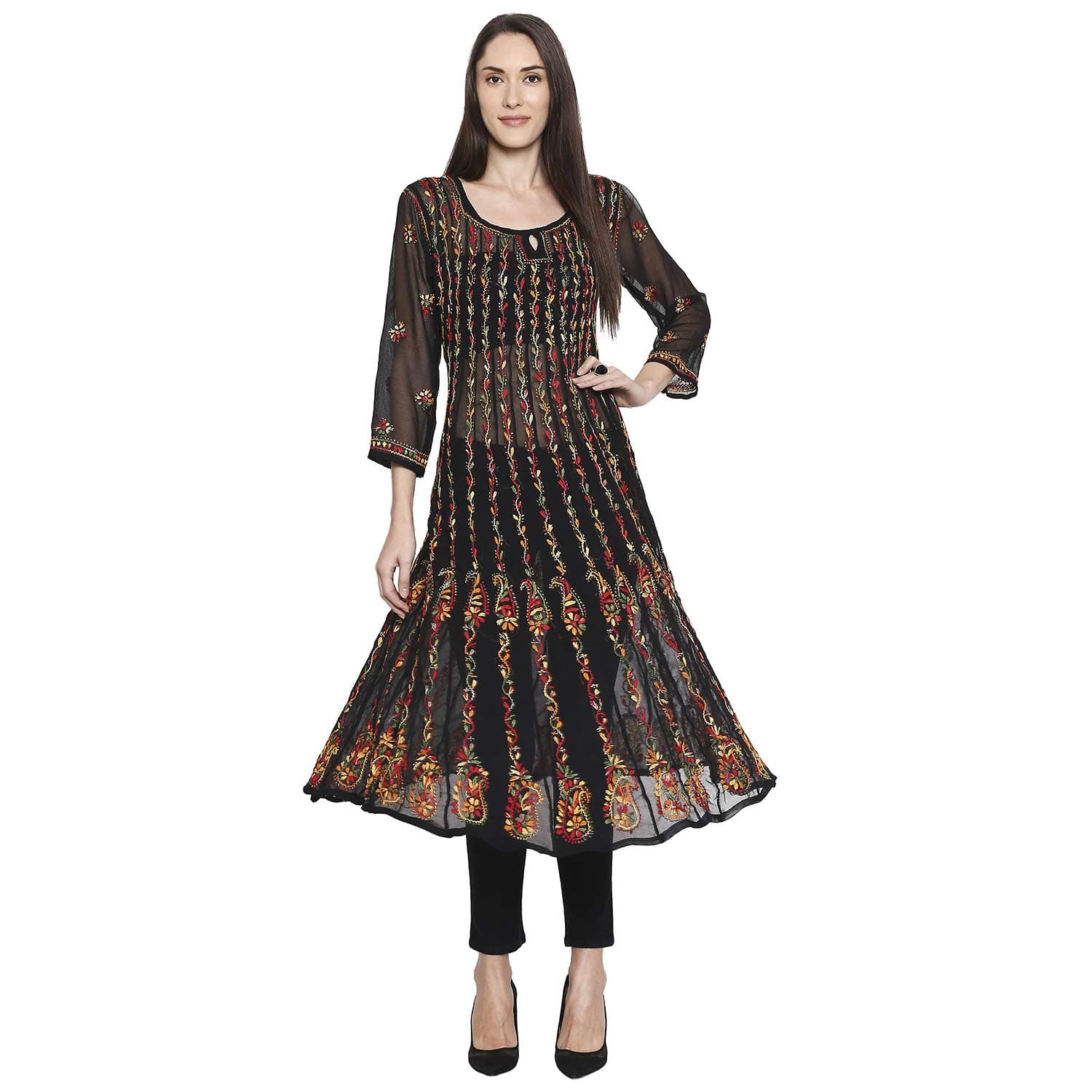 indiankala4u Lucknow Chikankari Hand Embroidered Long Anarkali 32 Kali Kurti for Women, Georgette