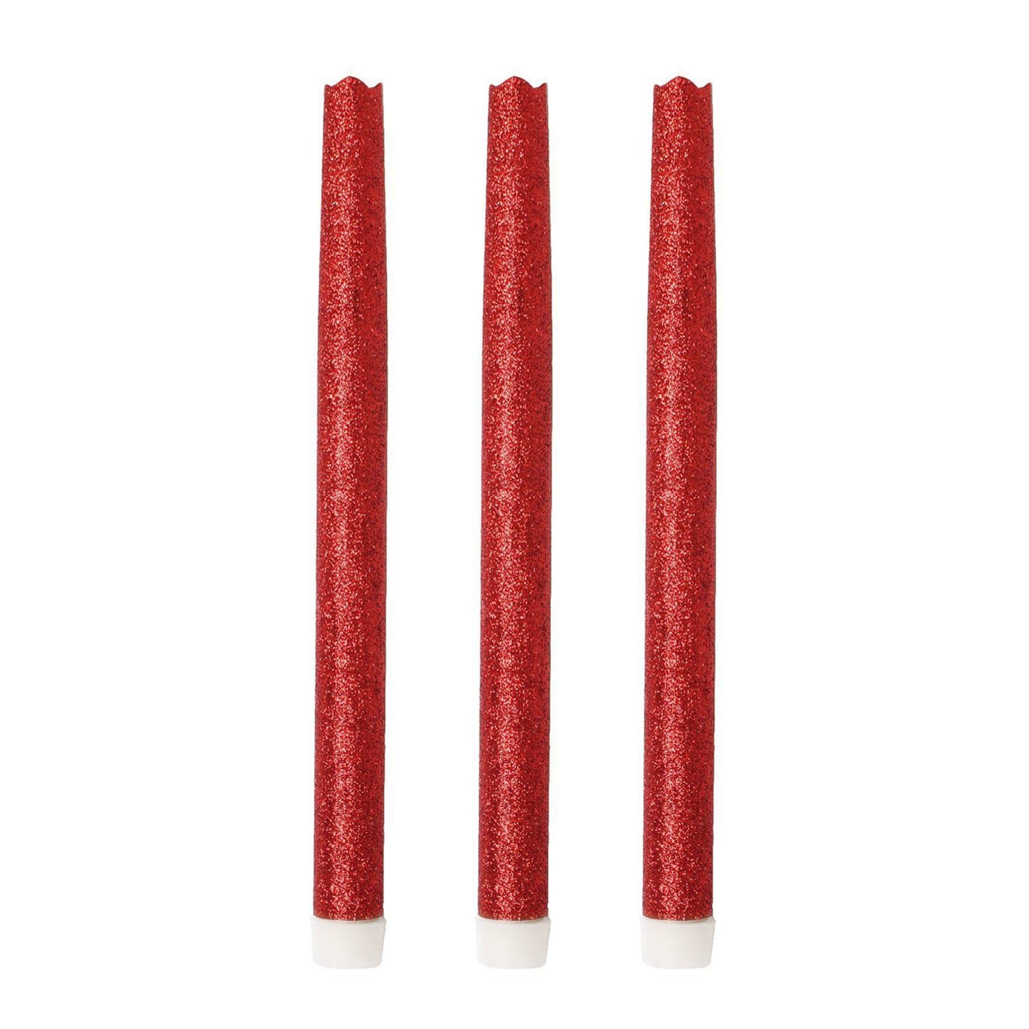 12"LED Flameless Dripless Led Taper Candles with Timer Function, Battery Operated, Wedding Dinner Candle Set of 3 (Red Glitter)