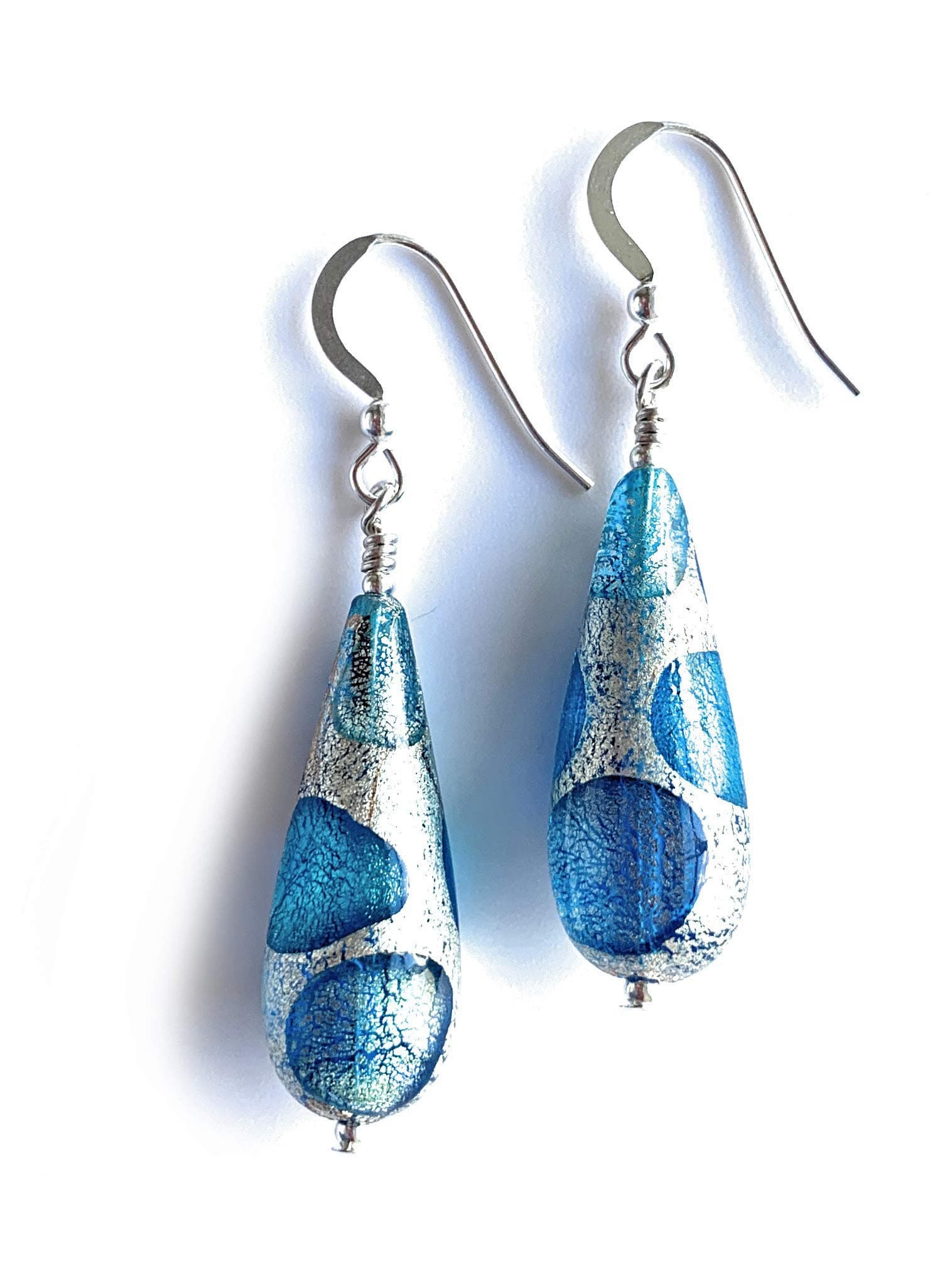 Diana Ingram earrings with shades of blue spots over white gold Murano glass long pear drops on Sterling Silver or 22 Carat gold vermeil hooks