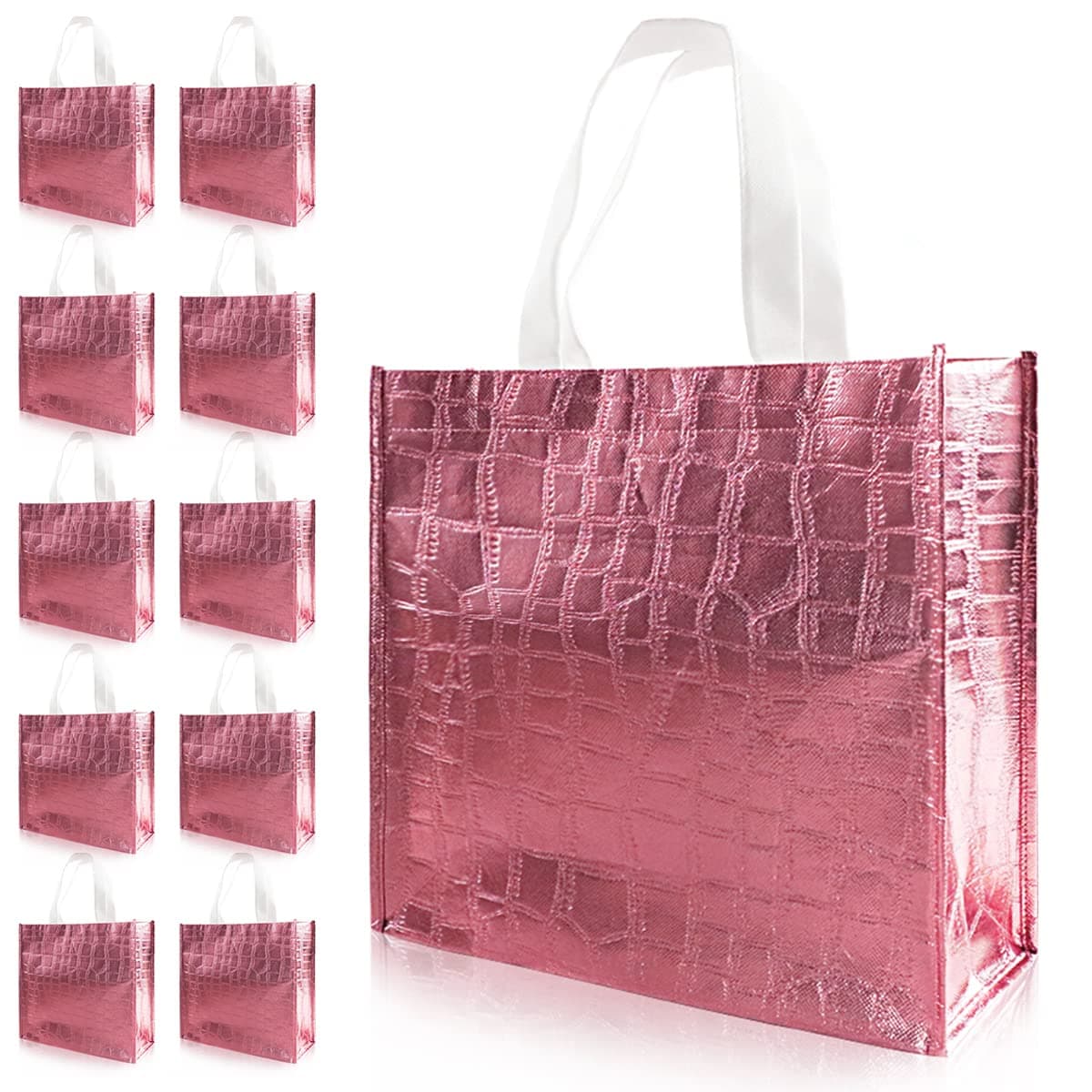 LadyRosian 12 Pcs Reusable Glossy Rose Gold Gift Bag, Non-woven Tote Grocery Bag with Handle, Foldable Party Favor Gift Bags for Bridesmaid, Wedding, Party, Birthday, Valentines, Proposal