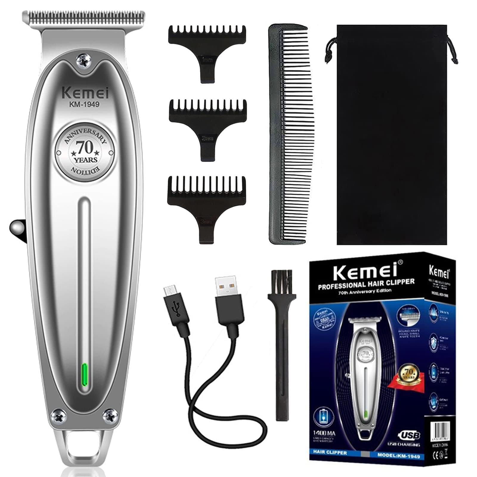 1949 Trimmer Professional Hair Clippers for Men Zero Gap Electric Cordless Beard/Hair Trimmer Rechargeable T-Blade Haircut Machine for Stylists and Barbers Grooming Kit, Silver