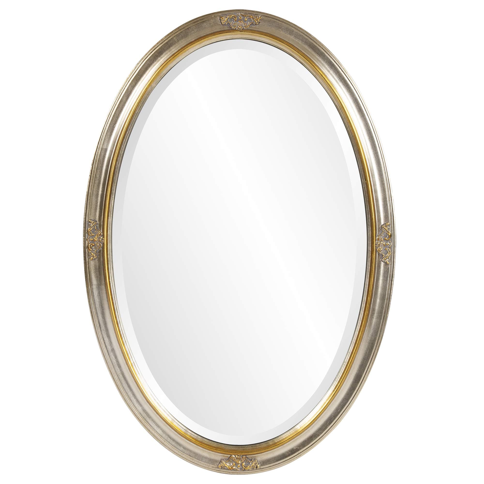 Howard Elliott Carlton Hanging Oval Wall Mirror, Vanity, Decorative, Antique Bright Silver Leaf and Gold Accent, 22 x 32 Inch