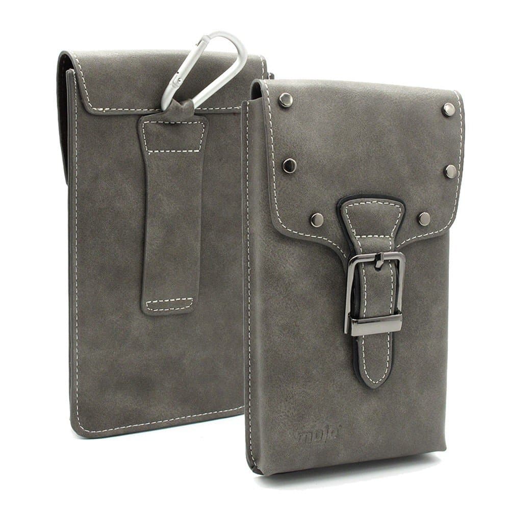 GRAY Universal Rivets Cowboy Series Premium Leather Multi-function Belt Loop Case Holster Carrying Bag Pouch Two Pockets Inside With Metal Buckle
