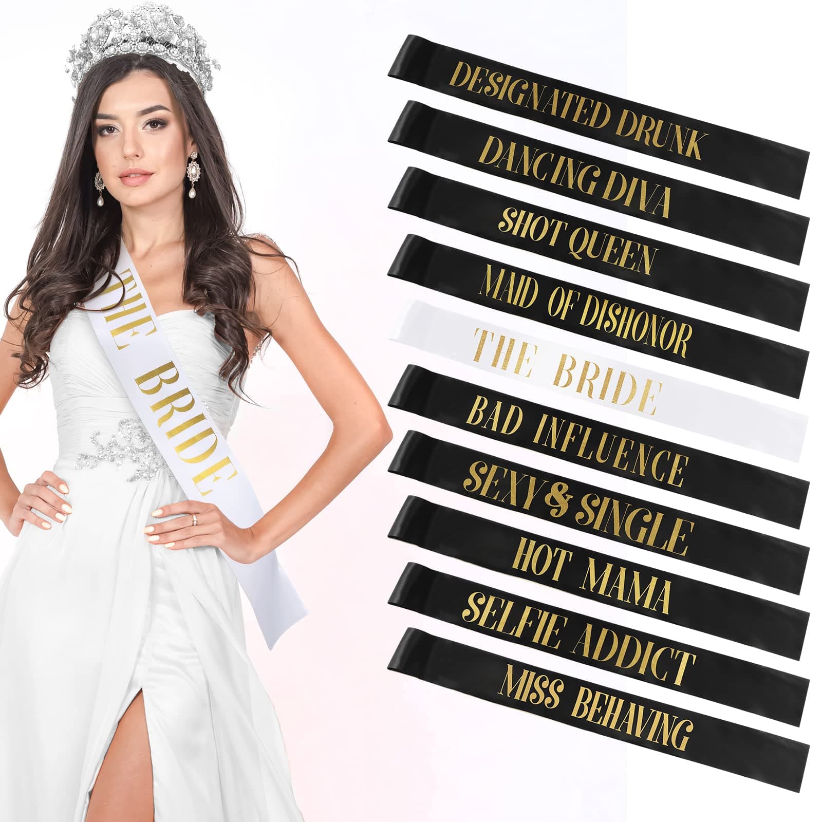 LEIFIDE 10 Pack Bride and Bridesmaid Sash Set Wedding Bachelorette Funny Team Gifts Sash Decorations for Woman Bride Bridesmaid of Honor Party Supplies(Black, White)