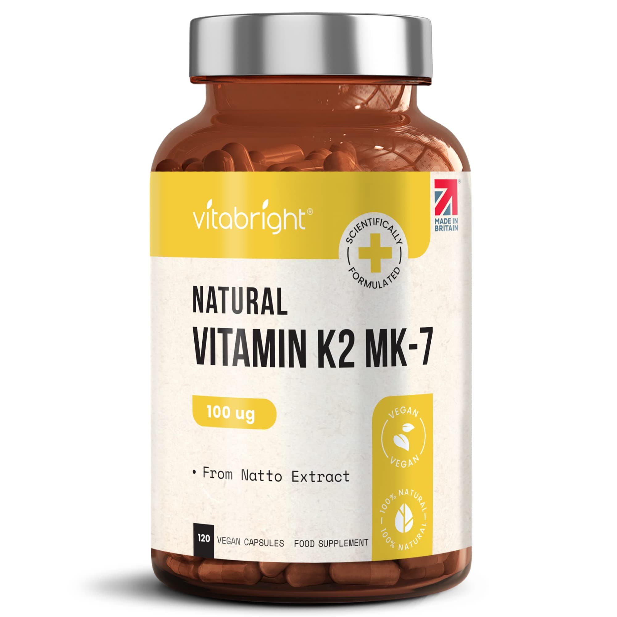 VitaBright Clean, Natural Vitamin K2 MK-7 - Optimal Strength 100mcg - 120 Easy To Swallow Vegan Capsules (Not Tablets) – Menaquinone-7 - No Synthetic Binders Or Fillers – From Natto - Made in UK