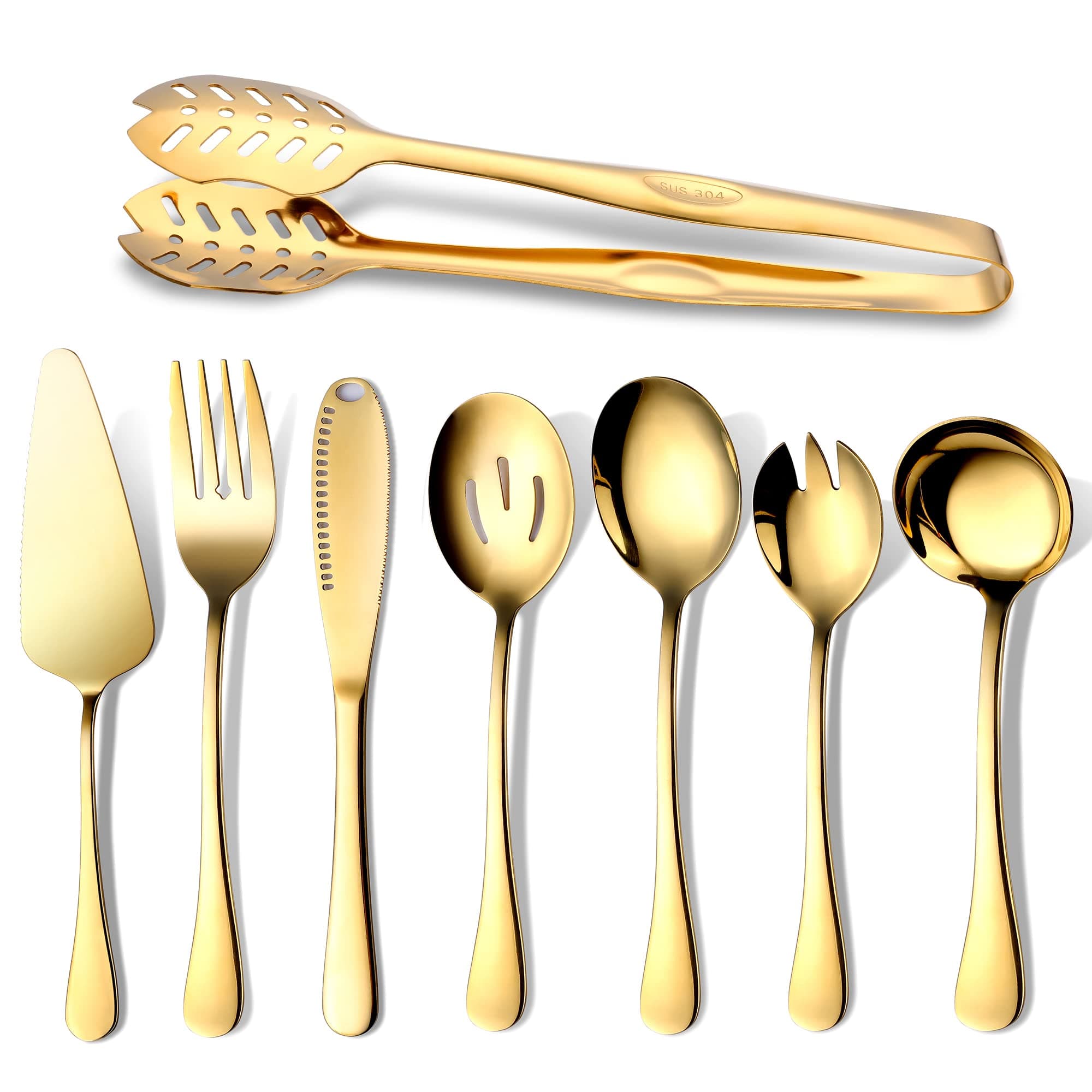 OGORI 8 Piece Gold Polished Stainless Steel Cutlery Set Includes Serving Tongs, Cake Server, Fork, Salad Fork, Butter Knife, Slotted Spoon, Spoon, Soup Spoon