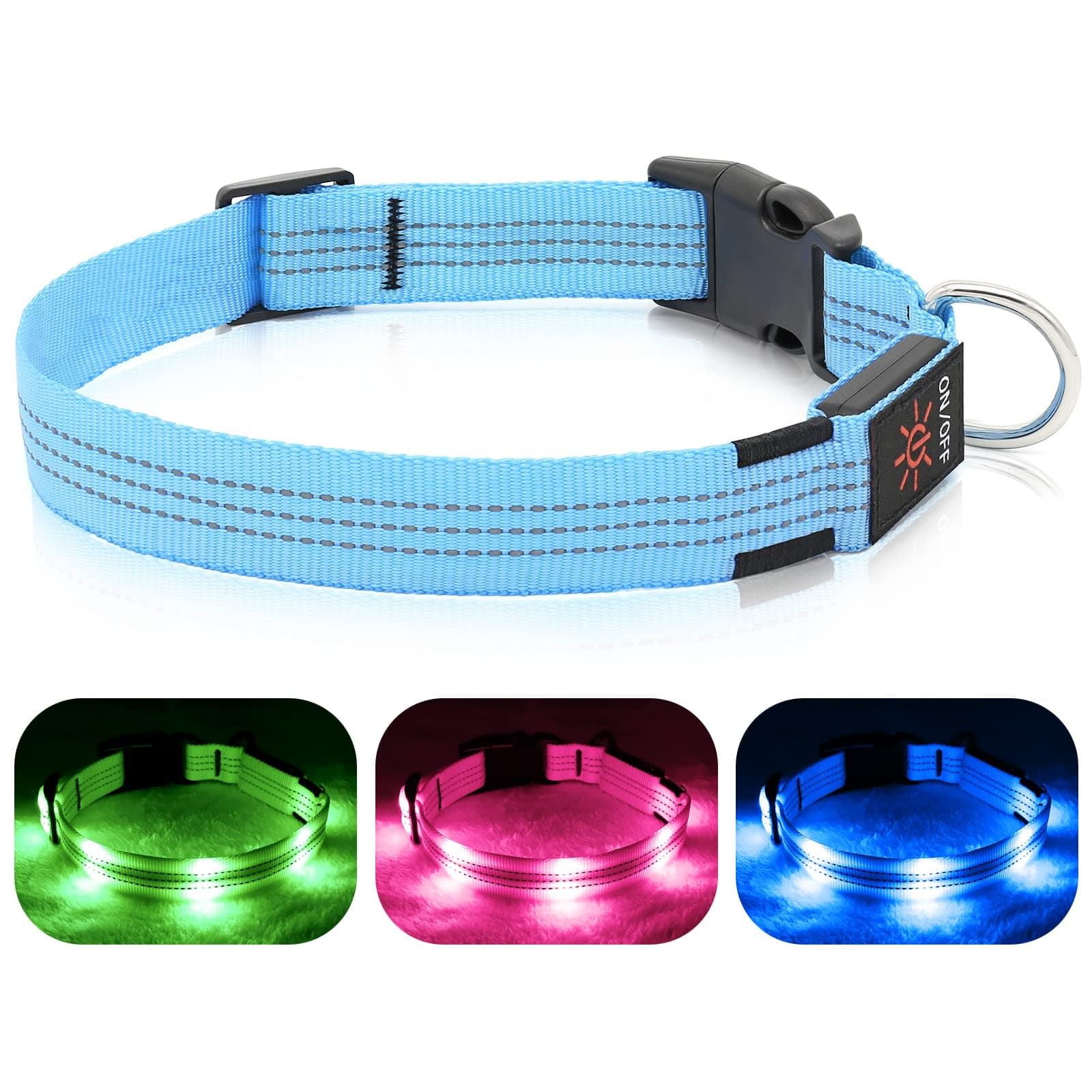 BSEENLight Up Dog Collars - Glowing LED Dog Collar, Reflective Puppy Collar, Adjustable Lighted Dog Collar, Rechargeable Pet Collar for Night Walking (Blue, Medium)
