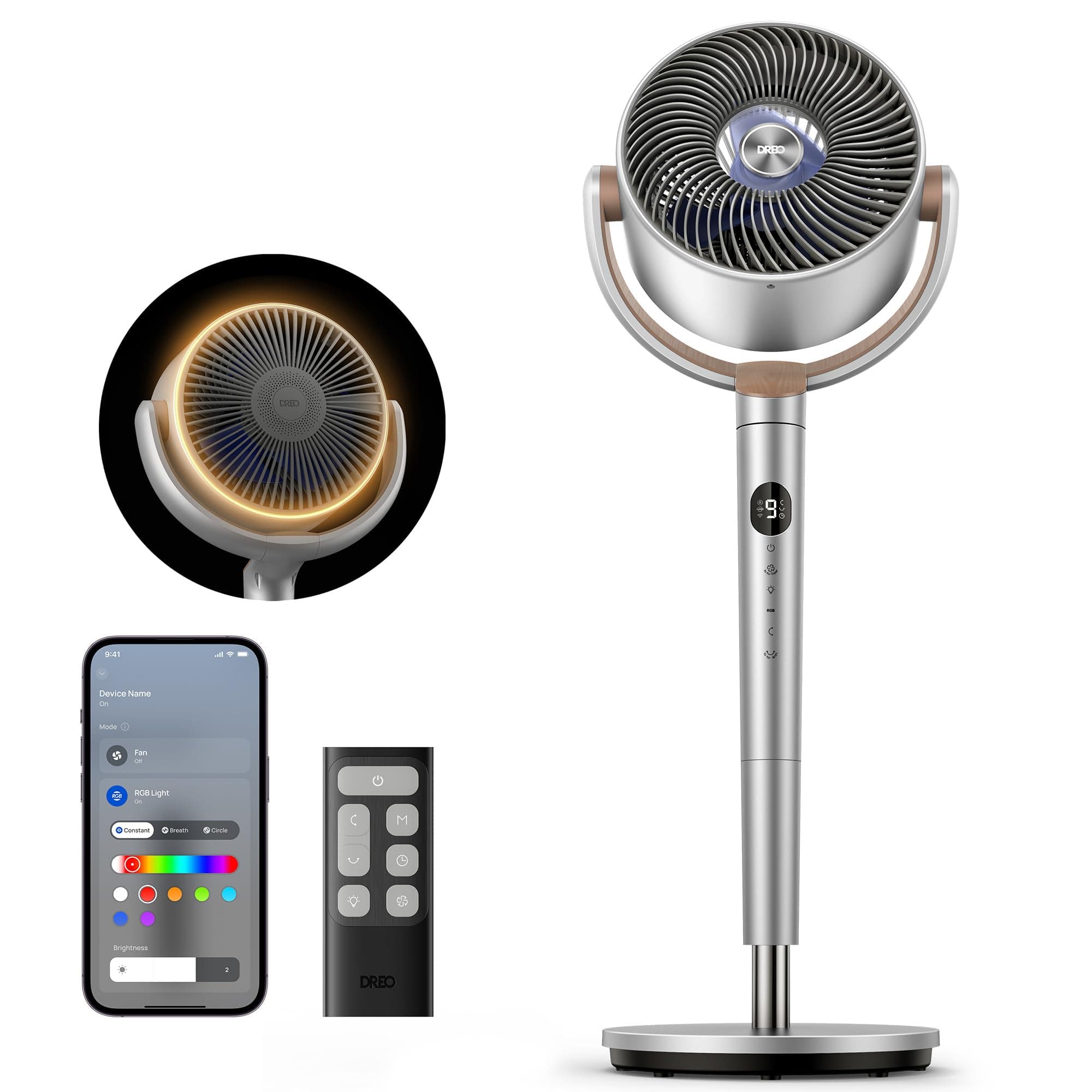 DREO Smart Fans for Bedroom, 120° +120° Omni-Directional Oscillating Fan, 100ft Quiet Pedestal Fan with RGB Light, 9 Speeds, 6 Modes, 20dB, 8H Timer, Wi-Fi/Voice, 37-42" Floor Fans with Remote, Silver