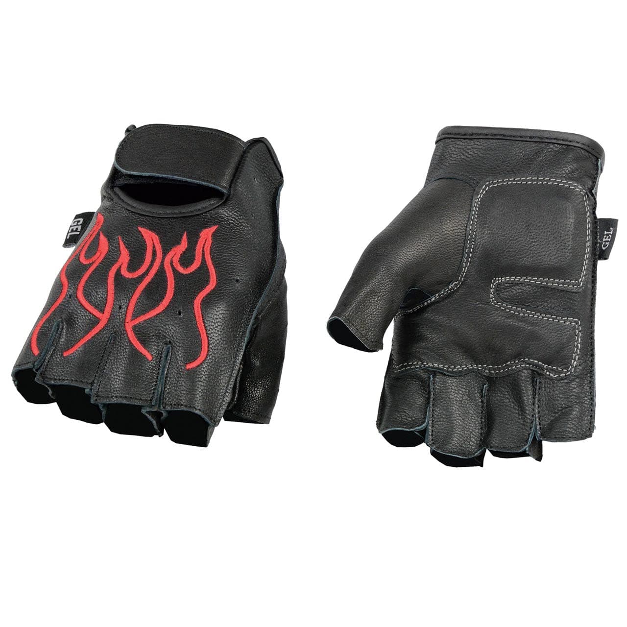 Milwaukee LeatherSH198 Men's Black Leather Gel Padded Palm Fingerless Motorcycle Hand Gloves W/ ‘Orange Flame Embroidered’