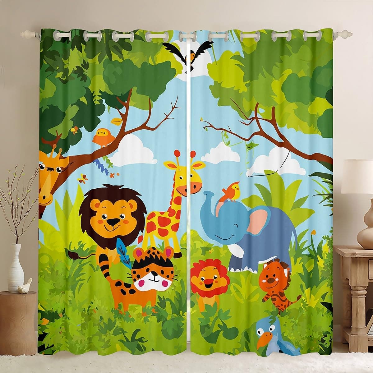 Feelyou Zoo Animal Darkening Dreapes Cartoon Animal Curtains for Bedroom Living Room Wildlife Giraffe Lion Tiger Blackout Curtains Window Treatments (2 Panels, 42 x 90 Inch)