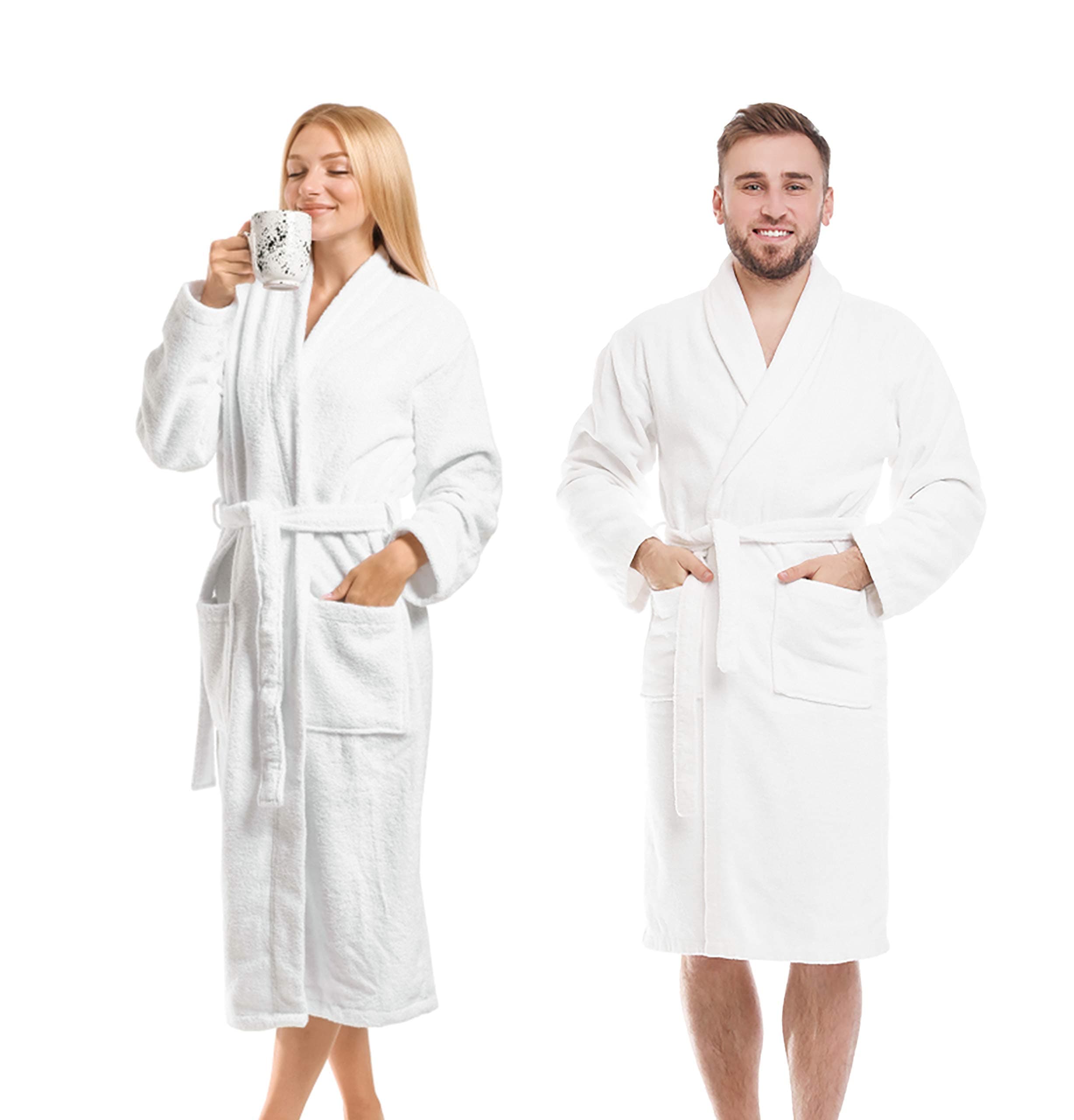 Premium Terry White Cotton Bathrobe Unisex - Luxurious Lightweight - Hotel Quality - Absorbent Soft Cotton