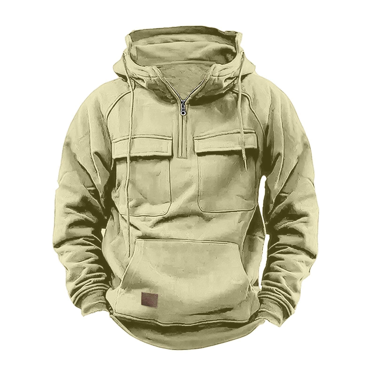 Tactical Hoodies for Men Long Sleeve Hooded Sweatshirt Vintage Sweatshirt Solid Drawstring Hoodie with Pocket