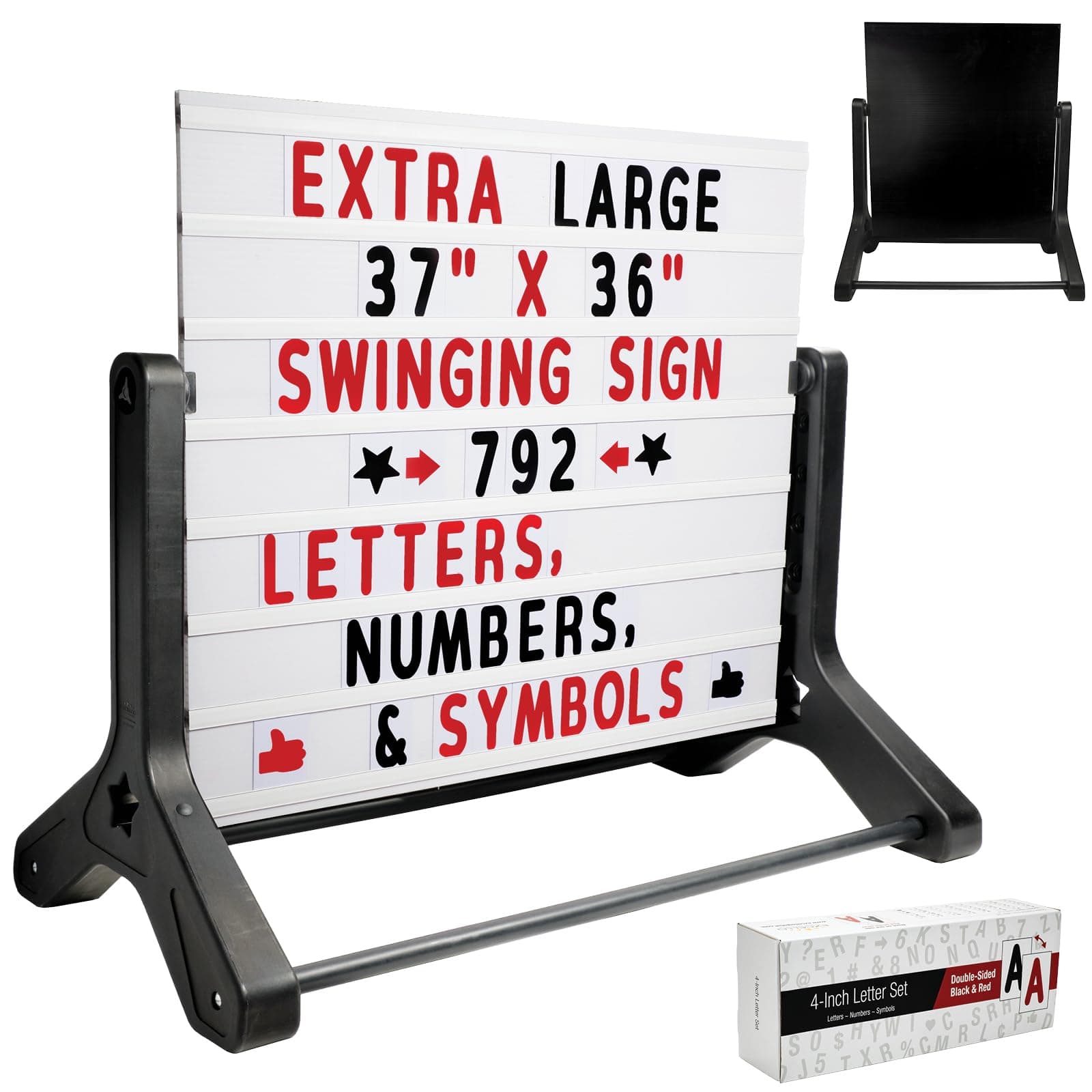 Swinging Changable Message Sidewalk Sign: 37" x 36" Sign with 792 Pre-Cut Double Sided Letters and Storage Box. Includes Black Sign Board & 4 Liquid Chalkboard & Letter Board