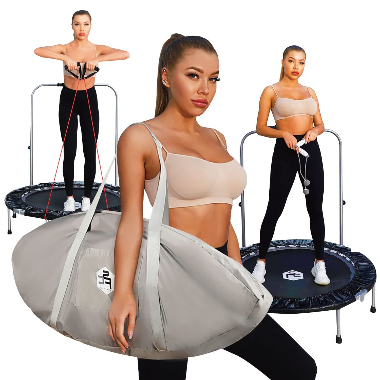 Indoor Rebounder Fitness Trampoline for Adults with Carry Bag(48 inches)- Bonus Workout Mini Accessories(Ropeless Jump Rope & Resistance Band) Included for Adult Exercise