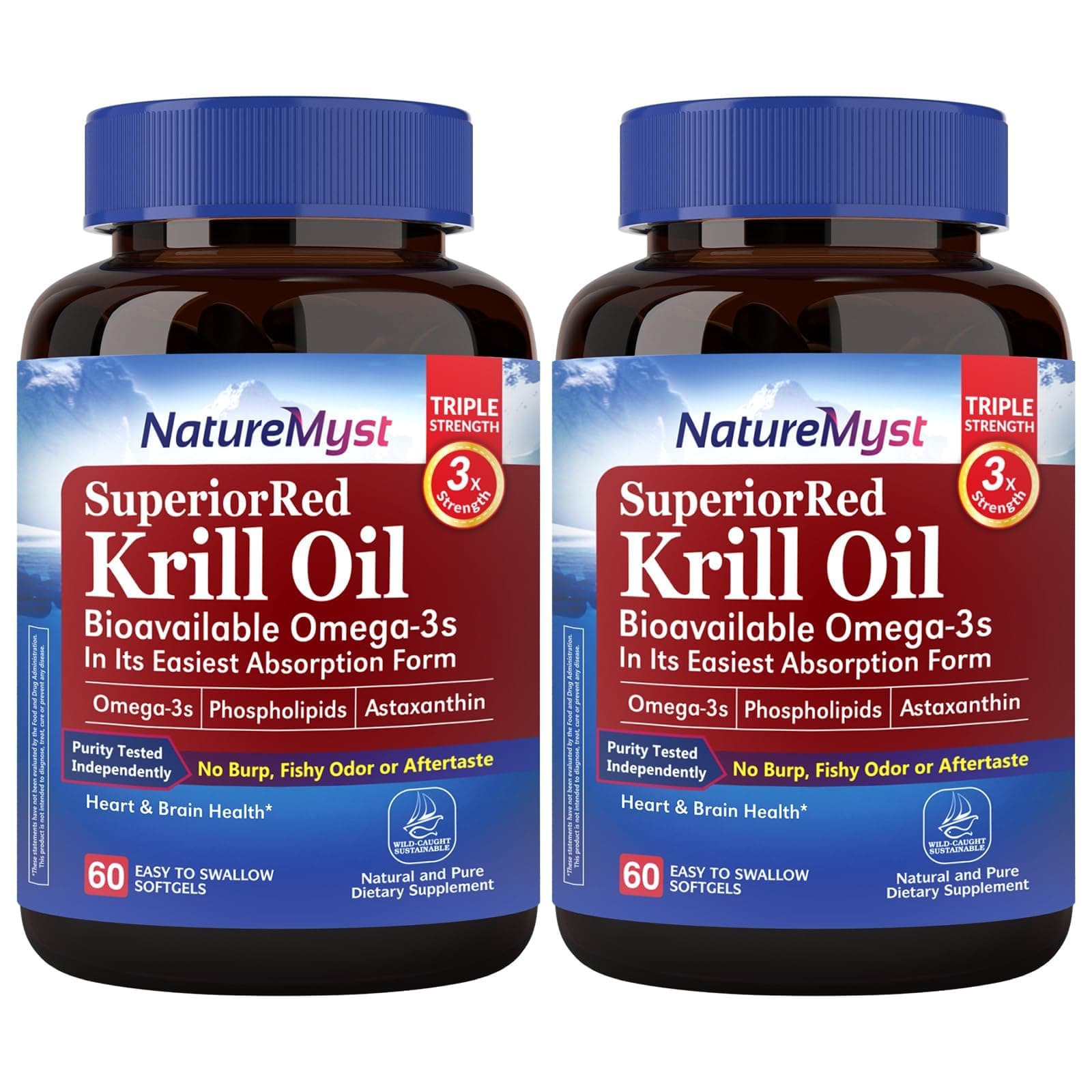 Krill Oil 1000 mg Softgels, Krill Oil Omega-3s, EPA, DHA, Astaxanthin & Phospholipids, 60 Count (Pack of 2), Non-GMO, No Gluten, Made in The USA