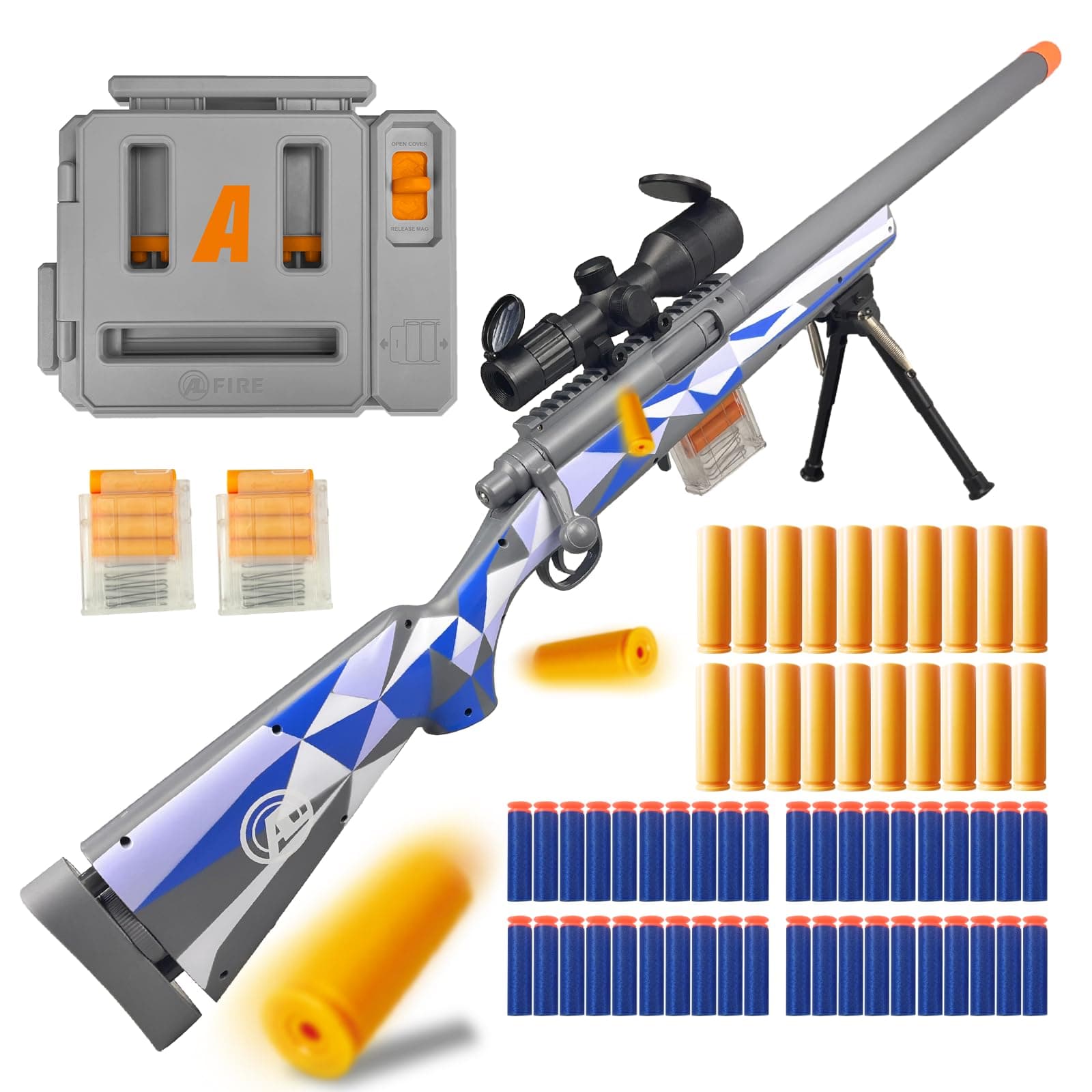 M24 Foam Blaster, Shell Ejecting, Safety Switch, Adjustable Stock 41.8 Inch, Fast Dart Loader, Scope, 40 Darts, 20 Casings, 2 Mags, Tactical Gear for Teens 14+ Adults(Blue)