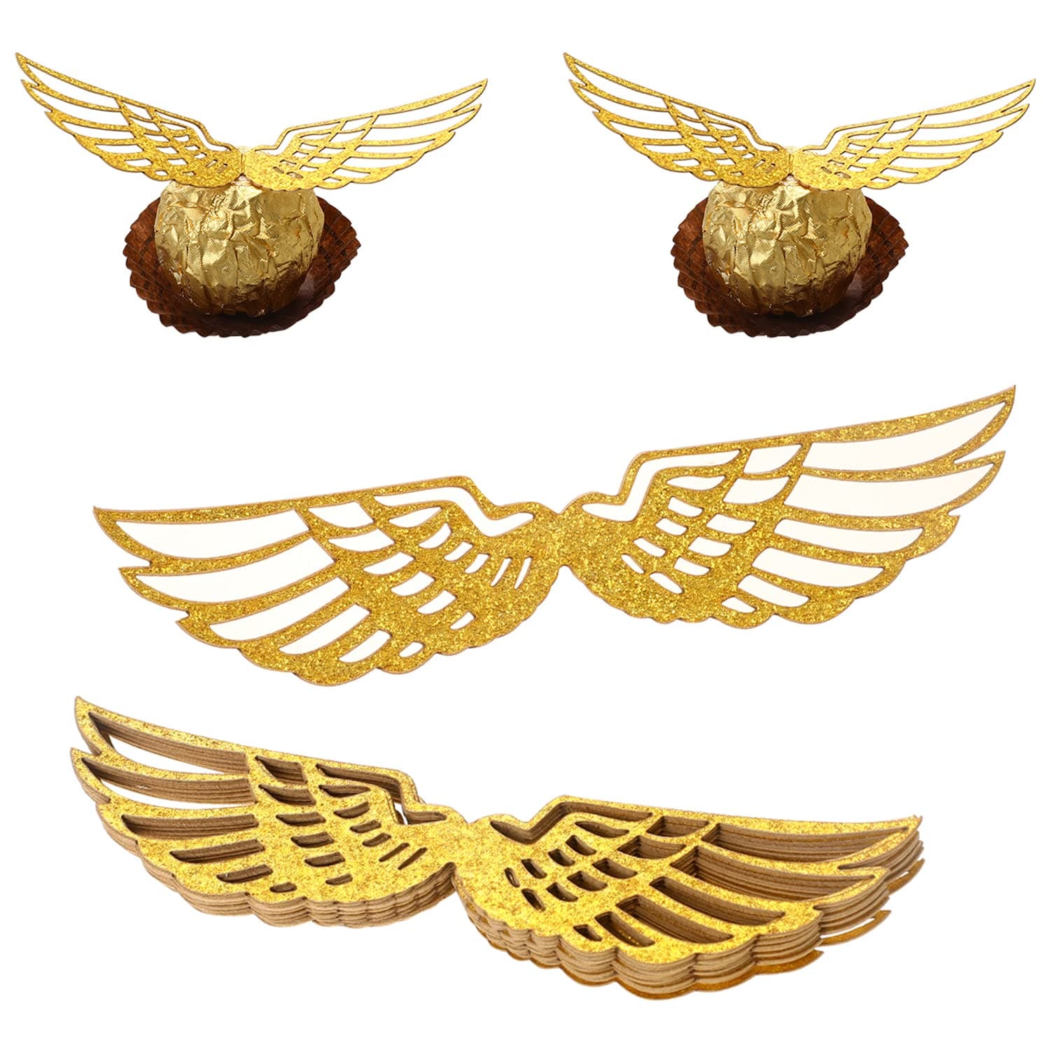 50PCS Wizard Party Chocolate Decoration Golden Snitch Wings Chocolate Decoration, Snitch Wings Wafer Cupcake Toppers with 50pcs Glue Point, Wafer Cupcake Toppers for Anniversary Birthday Wedding