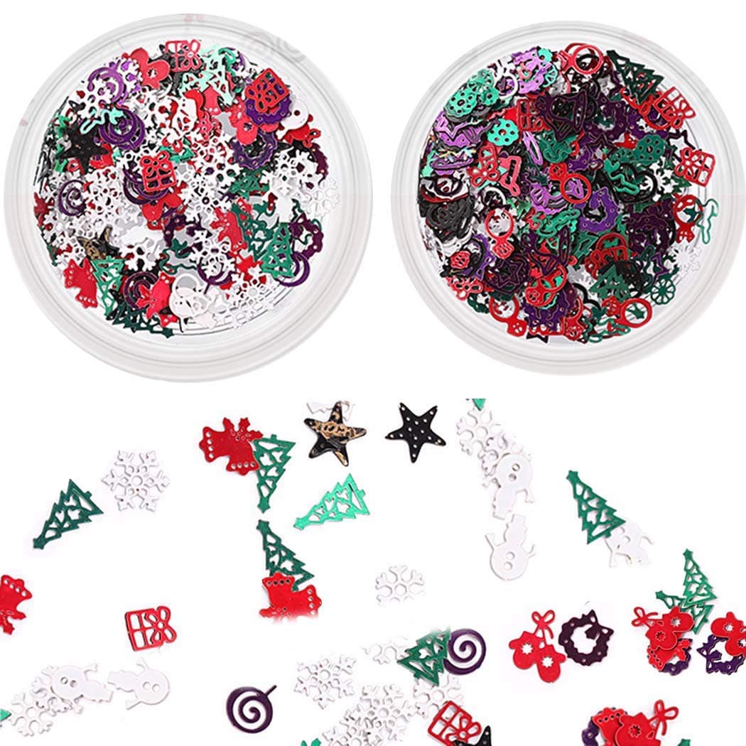 Sethexy 3D Christmas Nail Art Accessories Colorful Metal Studs DIY Sequins Glitter Alloy for Art Nails Design(2 Boxes)