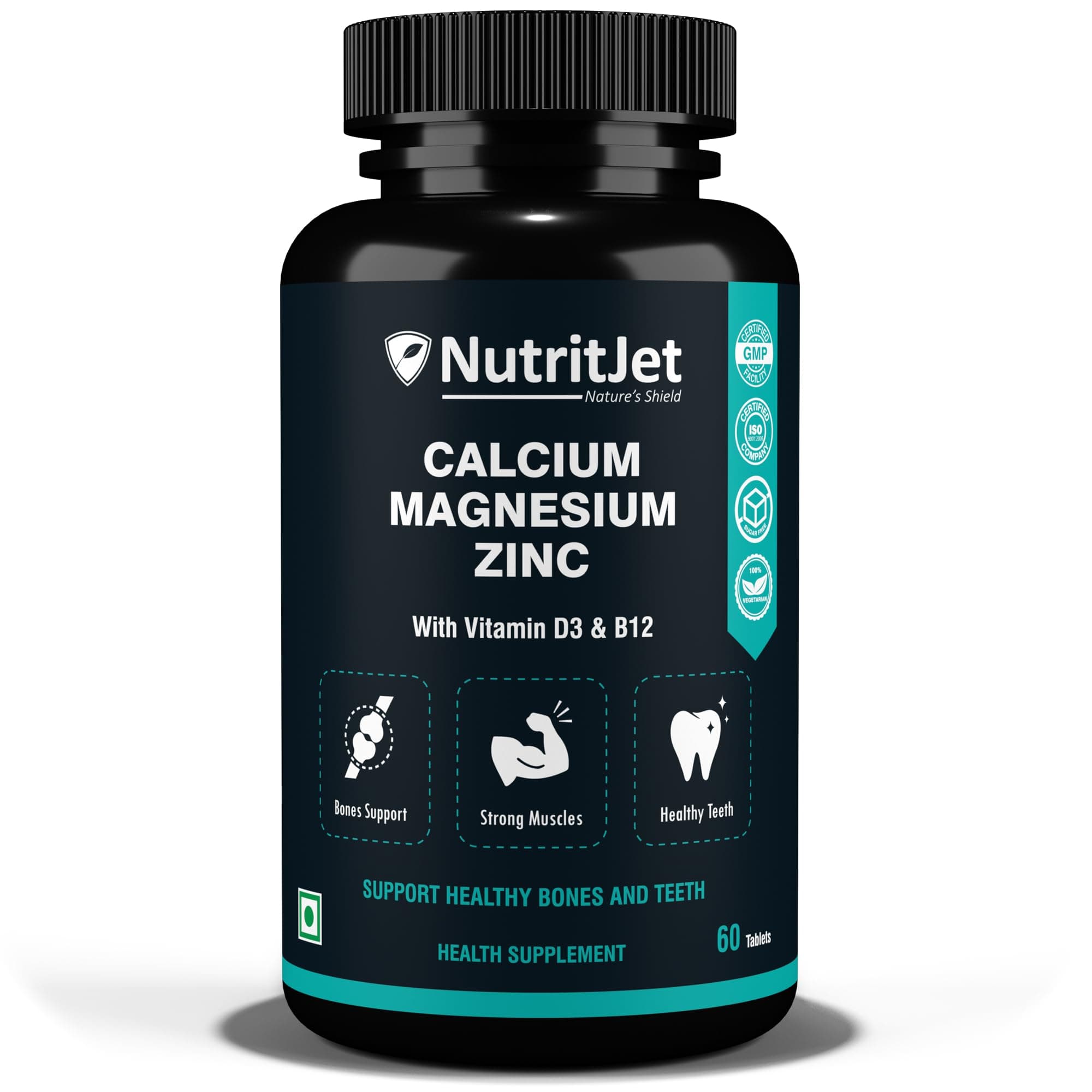 Calcium Magnesium Zinc Vitamin D3 B12 & K2 – 60 Vegetarian Tablets For Bone Health, Joint Support, And Immunity Support Women Men