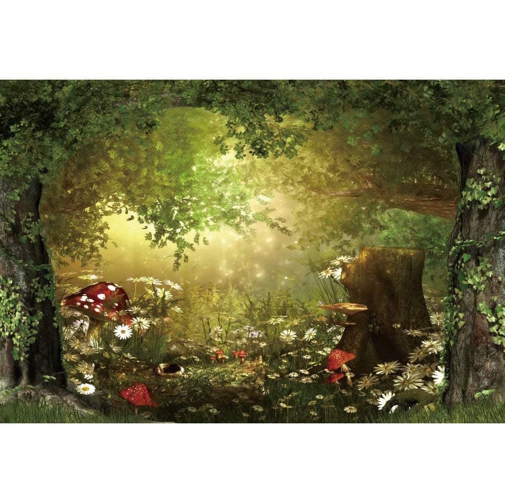 Fairy Tale Forest Wonderland Backdrops for Photography Vinyl 10x7ft Green Trees Wildflowers Daisy Mushroom Scenery Photo Background Portrait Kid Boy Girl Photoshoot Studio Prop Party Decor
