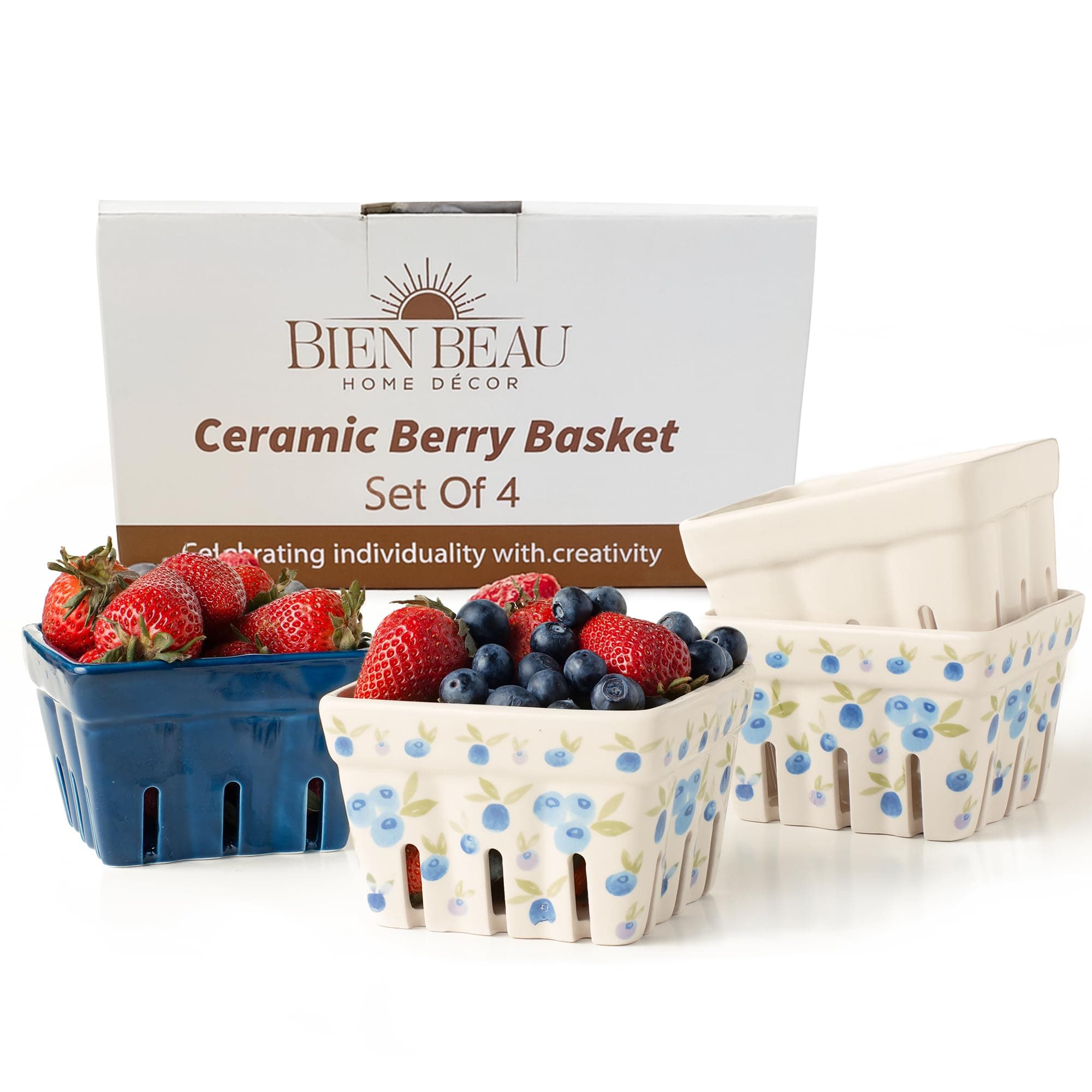 BIEN BEAU Farmhouse Ceramic Berry Basket, Colander, Farmers Market square Bowl. Rustic Kitchen decor fruit bowls, Fruit Baskets, Bleu White and Blueberry pattern Stoneware Harvest Bowls Set of 4 …