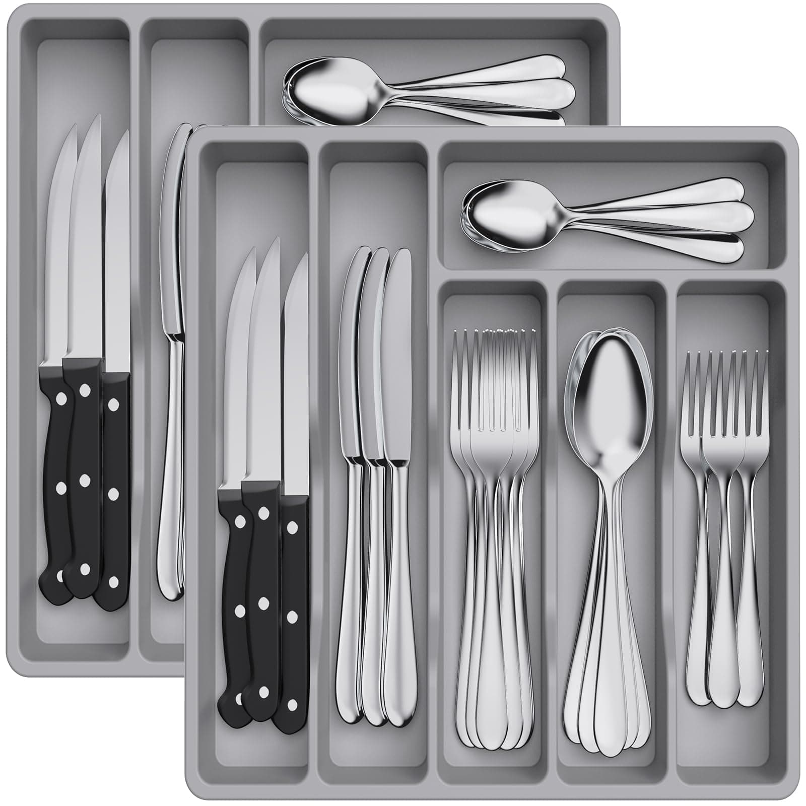 Lifewit 2 Pack Cutlery Drawer Organiser, Plastic Cutlery Tray for Kitchen Drawer, Utensil Flatware Silverware Holder Divider for Spoons Forks Knives Tableware, 6 Compartment,Grey