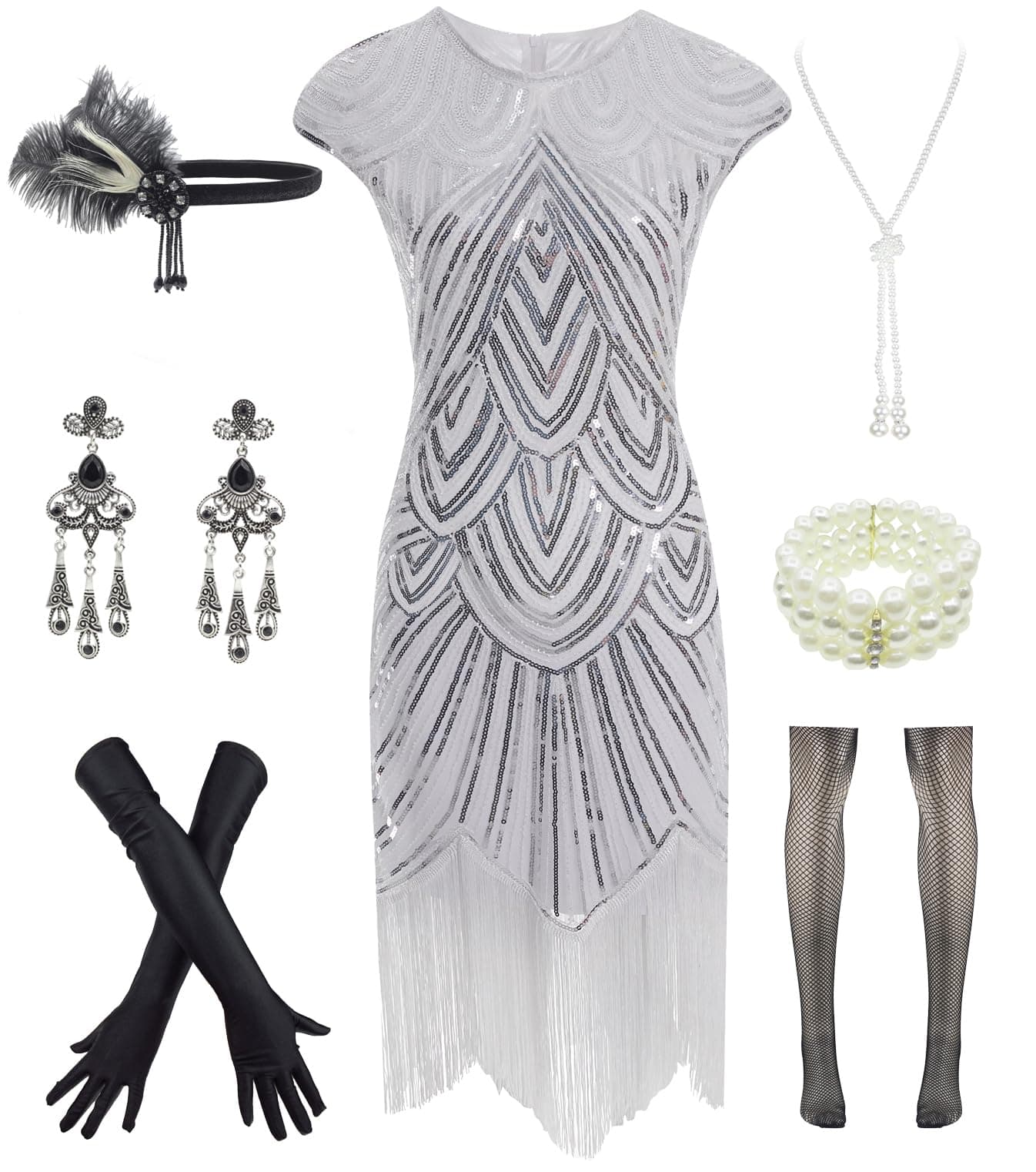 Letter Love Womens Vintage Lace Fringed Gatsby 1920s Cocktail Dress with 20s Accessories Set