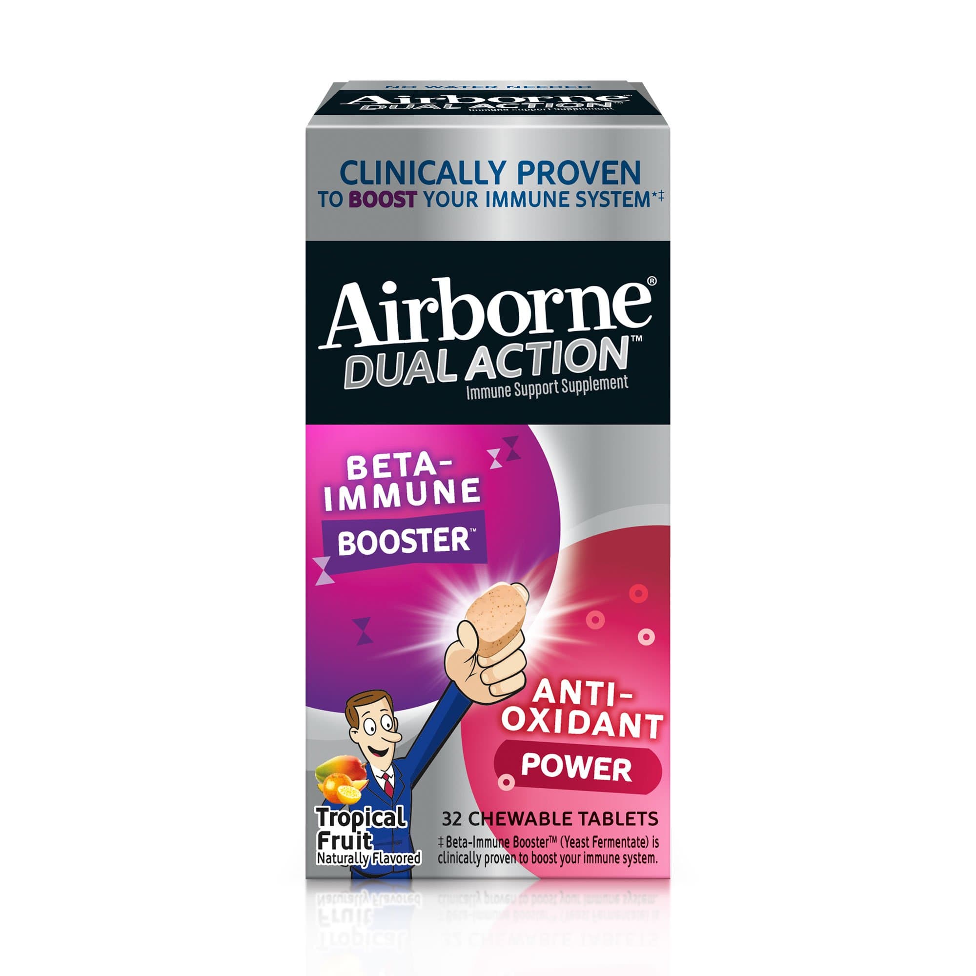 Airborne Dual Action Tropical Fruit Chewable Tablets, 32ct - 1000mg of Vitamin C - Beta Immune Booster and Anti Oxidant