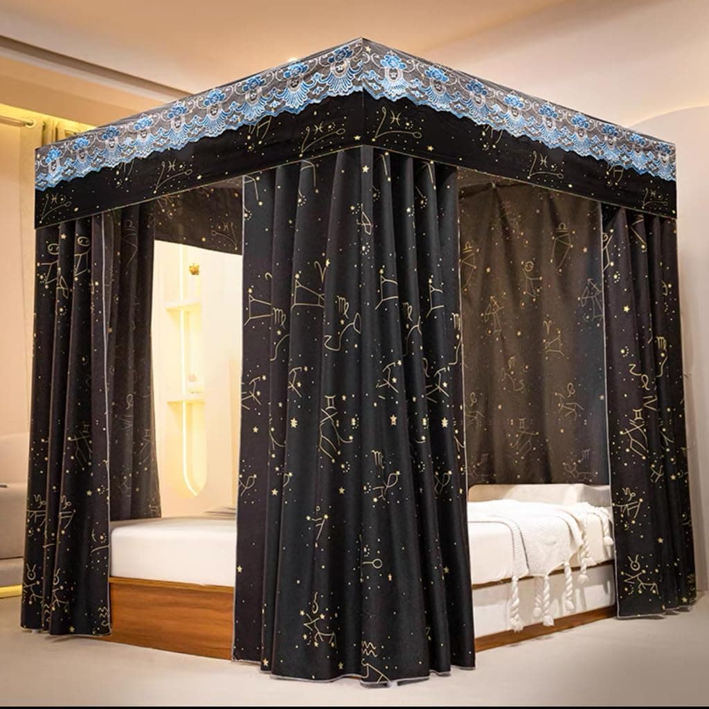 Princess 4 Corner Post Bed Curtain Canopy;Windproof Lightproof Bed Canopy Mosquito Net Bedroom Decoration for Adults Girls Bed Canopies Child Gift (Black-Star, Full)