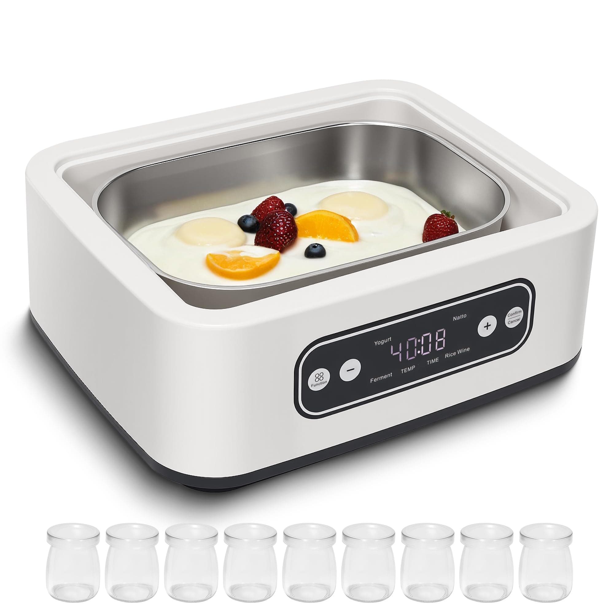 - 1.7-Quart Yogurt Maker with Adjust Temp(21°C-48°C/70°F-118°F) & Time(1-99h),110V-240V Auto-adaptive,Steel Inner Pot,BPA-free,Celsius Increment,Real-Time Countdown LED Display (Addition 9 Jars)