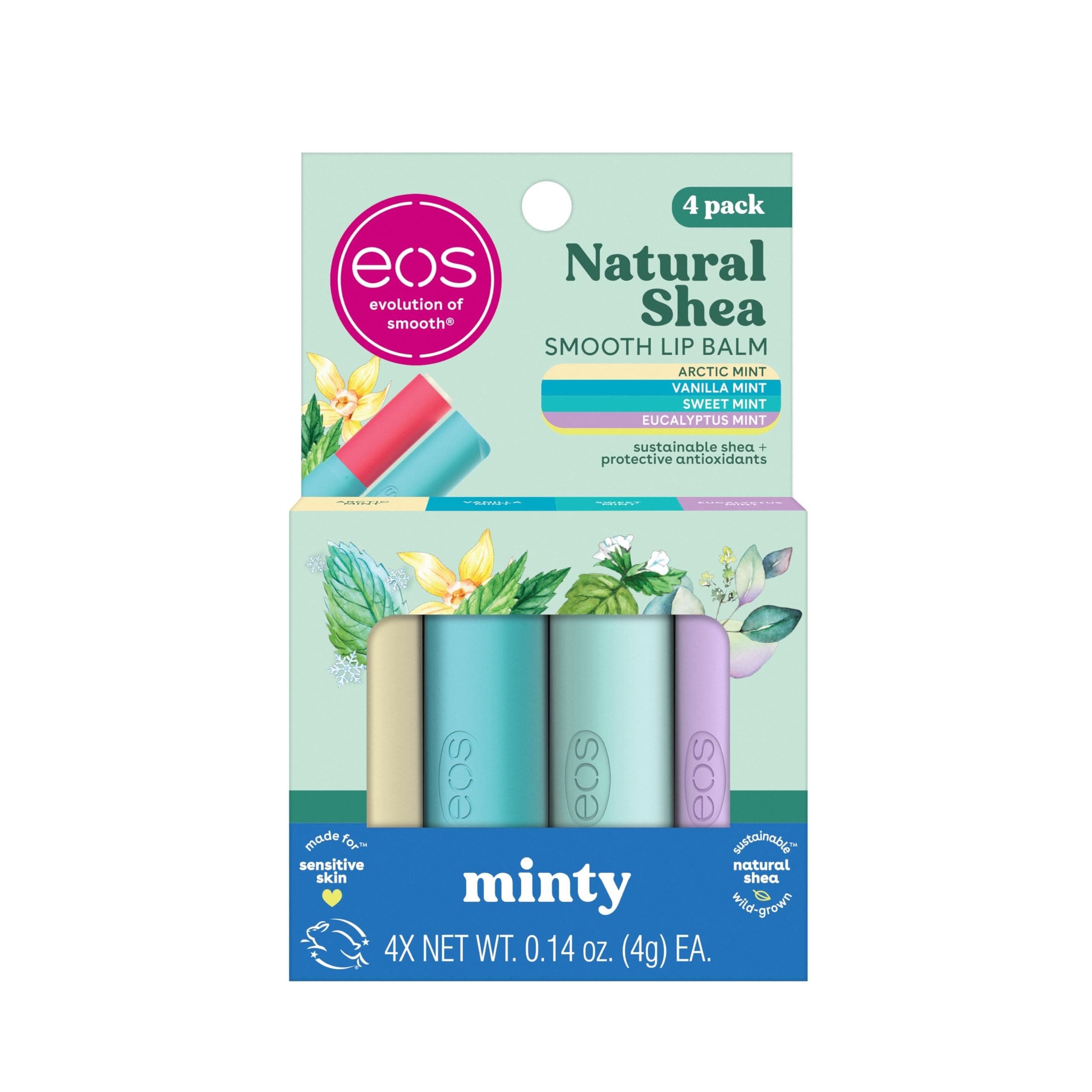 Natural Shea Minty Lip Balm Variety Pack - Artic, Vanilla, Sweet and Eucalyptus Mint, All-Day Moisture Lip Balm Gift Set, 0.14 oz, 4-Pack