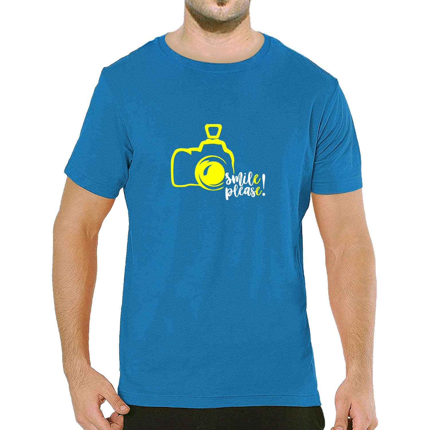 PoopluMen's Regular Fit Camera Smile Please Cotton Graphic Printed Round Neck Half Sleeves Multicolour Tshirt. Trending, Cool, Selfie, Fun, Masti, Social Media, Photography, Pootlu, Symbol Tshirts