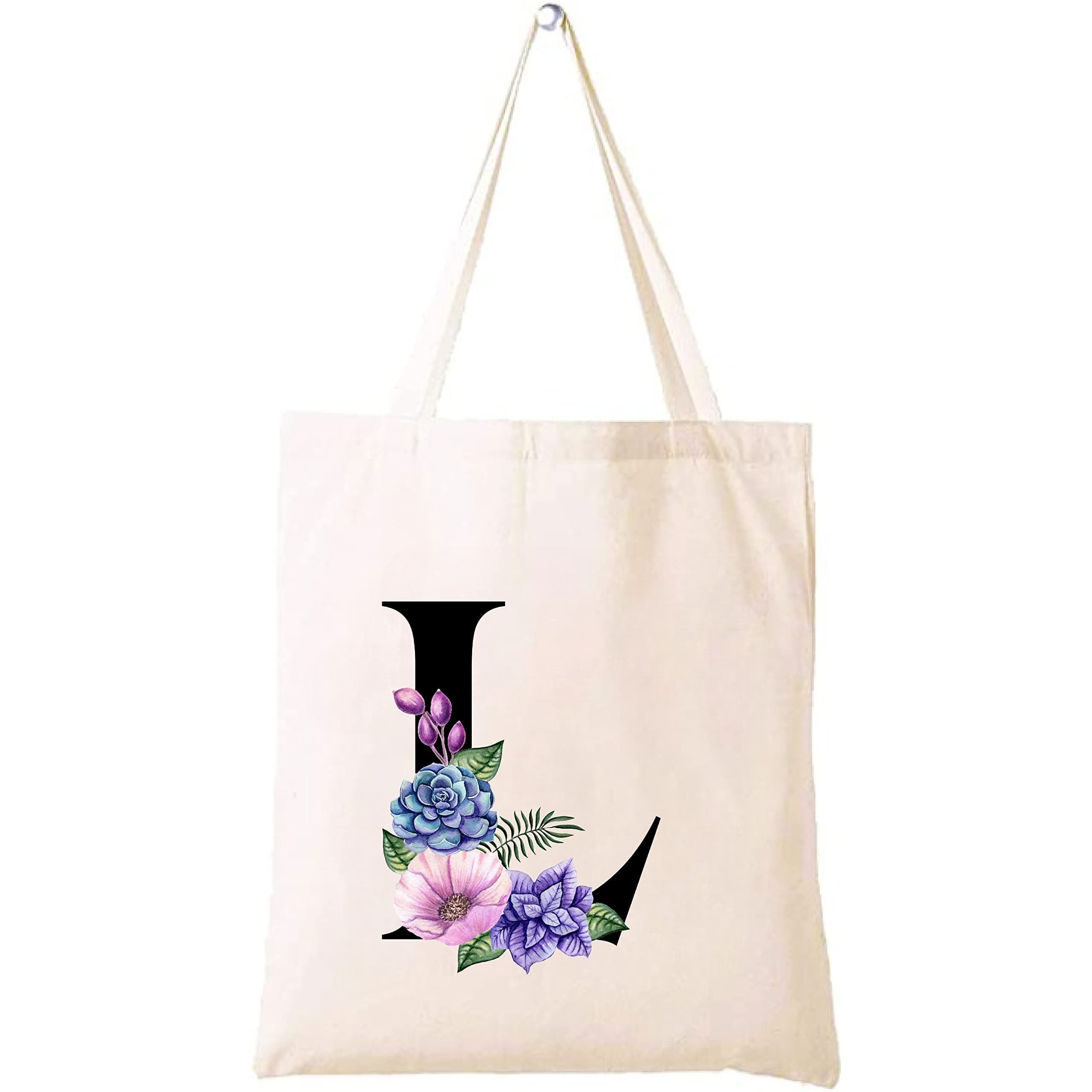 Eco-Friendly Canvas Cotton Tote Bag with Floral Design on Initial Letters Printed Bridesmaids Bags for Women- Reusable Shopping Bag, Party Gift Idea and Cotton Gift Bag